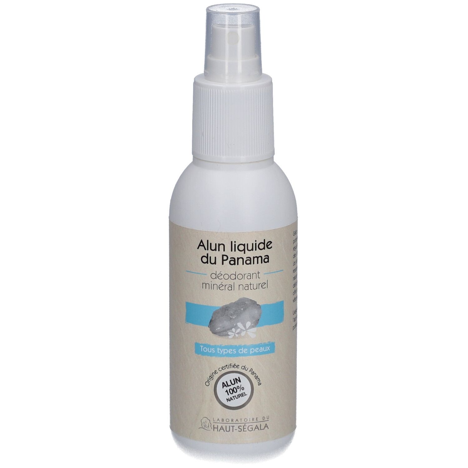 Weiße Sprühflasche mit Produktetikett. Aufschrift: Alun liquide du Panama, Deodorant mineral naturel. Für alle Hauttypen.