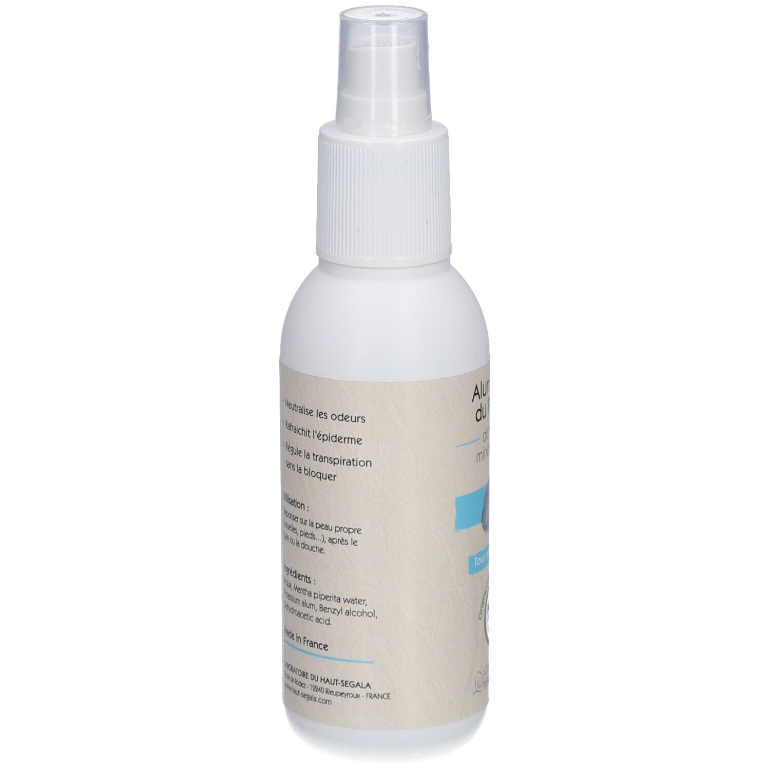 Rückansicht einer weißen Sprühflasche. Text: Alun liquide du Panama, Deodorant mineral naturel. Inhaltsstoffe und Anwendungshinweise.