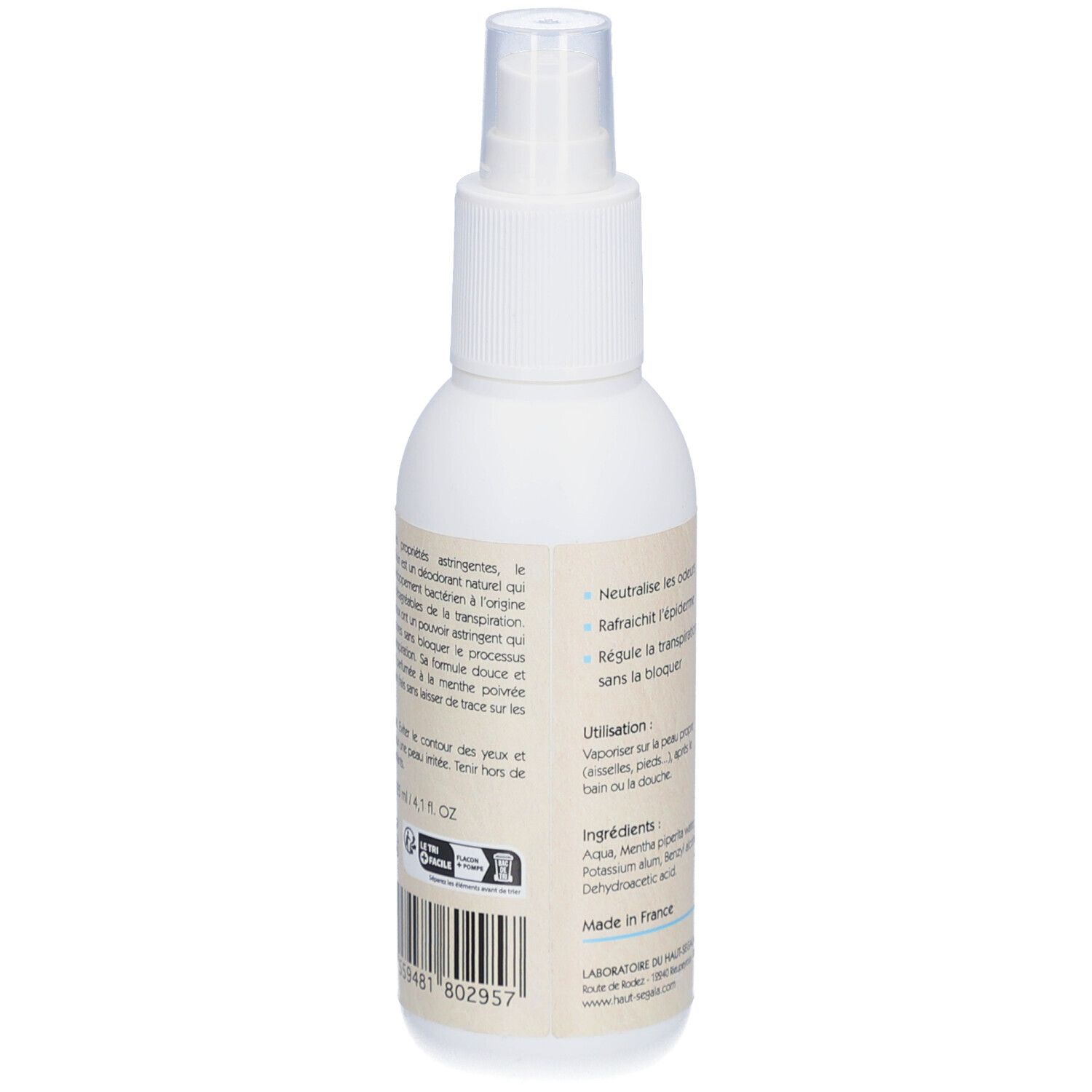Rückansicht einer weißen Sprühflasche. Text: Alun liquide du Panama, Deodorant mineral naturel. Inhaltsstoffe und Anwendungshinweise.