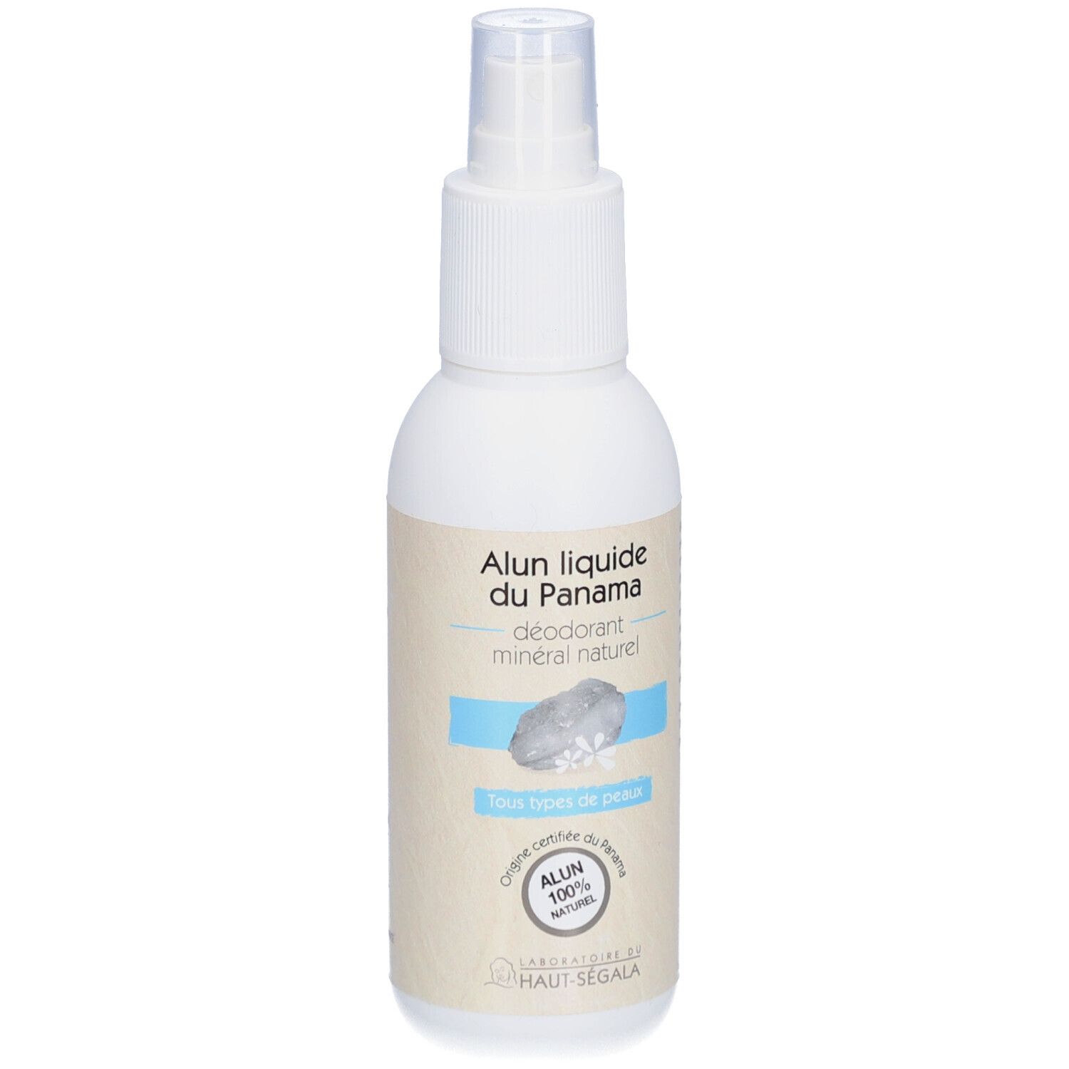 Weiße Sprühflasche mit Produktetikett. Aufschrift: Alun liquide du Panama, Deodorant mineral naturel. Für alle Hauttypen.