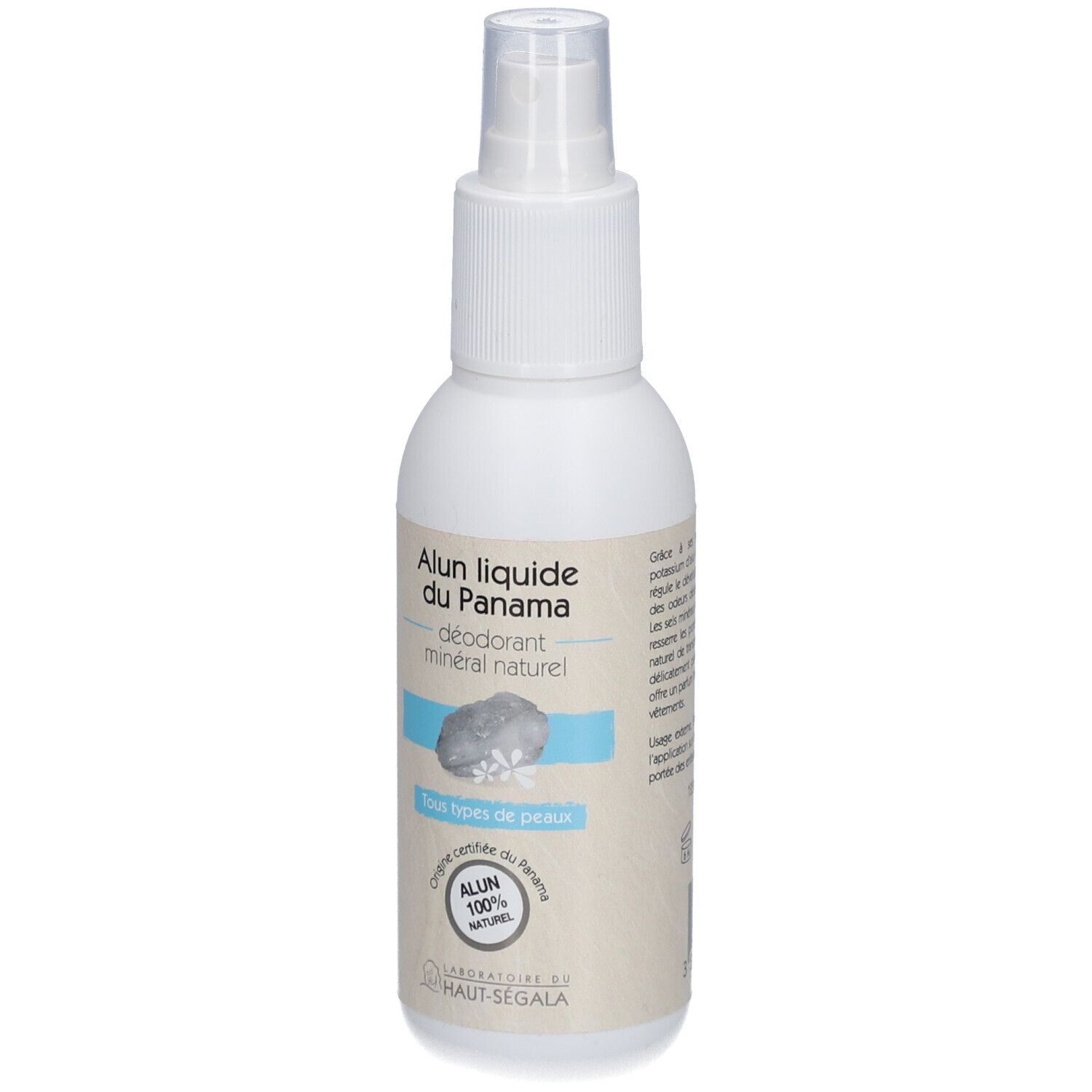 Weiße Sprühflasche mit Produktetikett. Aufschrift: Alun liquide du Panama, Deodorant mineral naturel. Für alle Hauttypen.