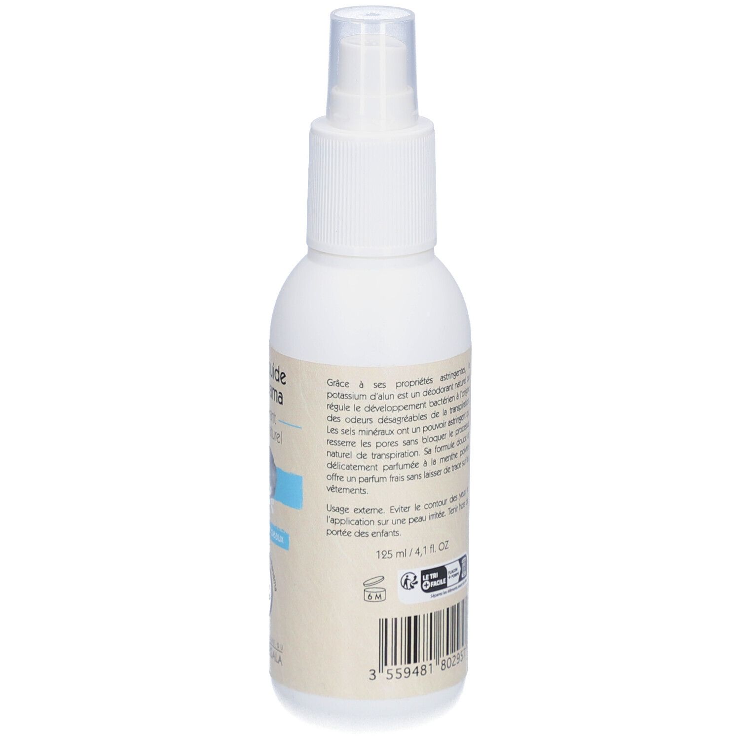 Rückansicht einer weißen Sprühflasche. Text: Alun liquide du Panama, Deodorant mineral naturel. Inhaltsstoffe und Anwendungshinweise.
