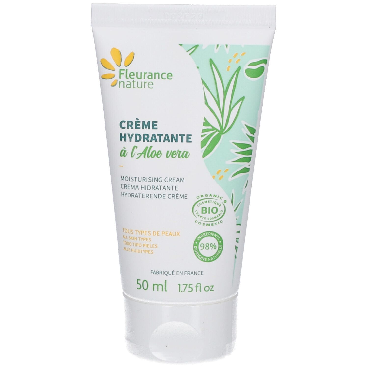 Tube de crème hydratante à l'aloe vera. Certifié bio. Tube blanc avec motifs verts et logo floral. Texte en français.