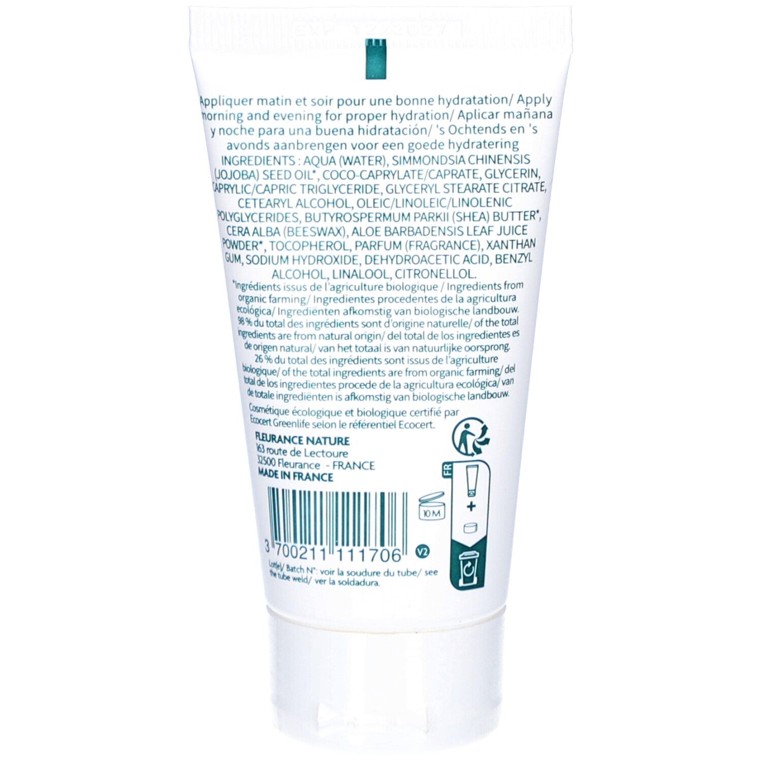 Dos du tube de crème. Ingrédients et informations fabricant. Code-barres et symboles de recyclage.