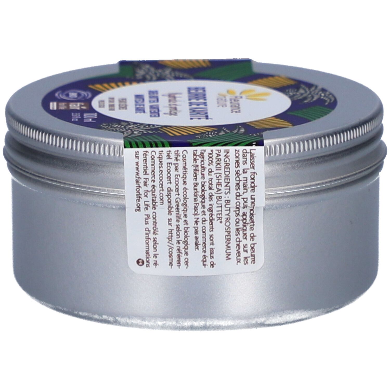 Silberfarbene Dose mit Deckel und Etikett. Das Etikett zeigt Produktnamen, Logo und Text.