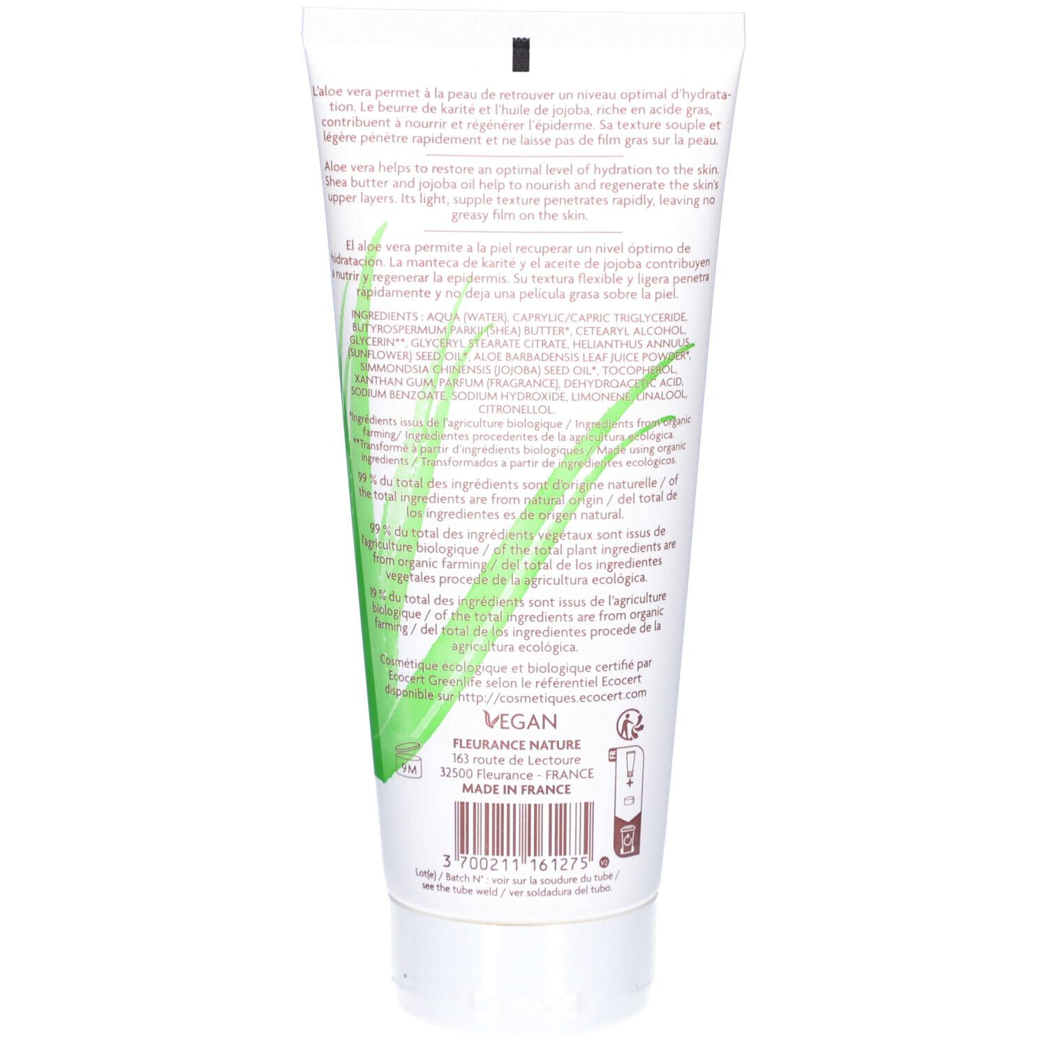 Rückseite der Körperlotion-Tube. Text mit Inhaltsstoffen und Zertifizierungen. Vegan-Siegel. Barcode und Herstellerinformationen.