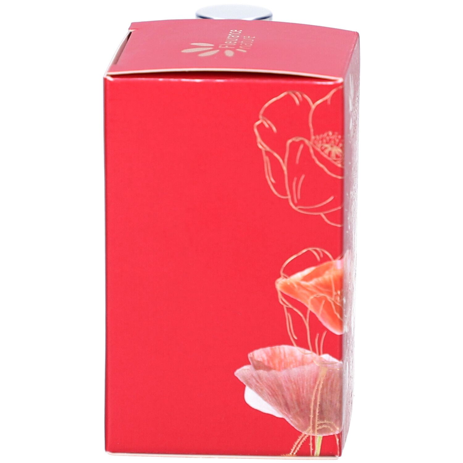 Boîte rouge avec illustration de coquelicots. Inscription : L'Eau de Coursiana. Certification bio.