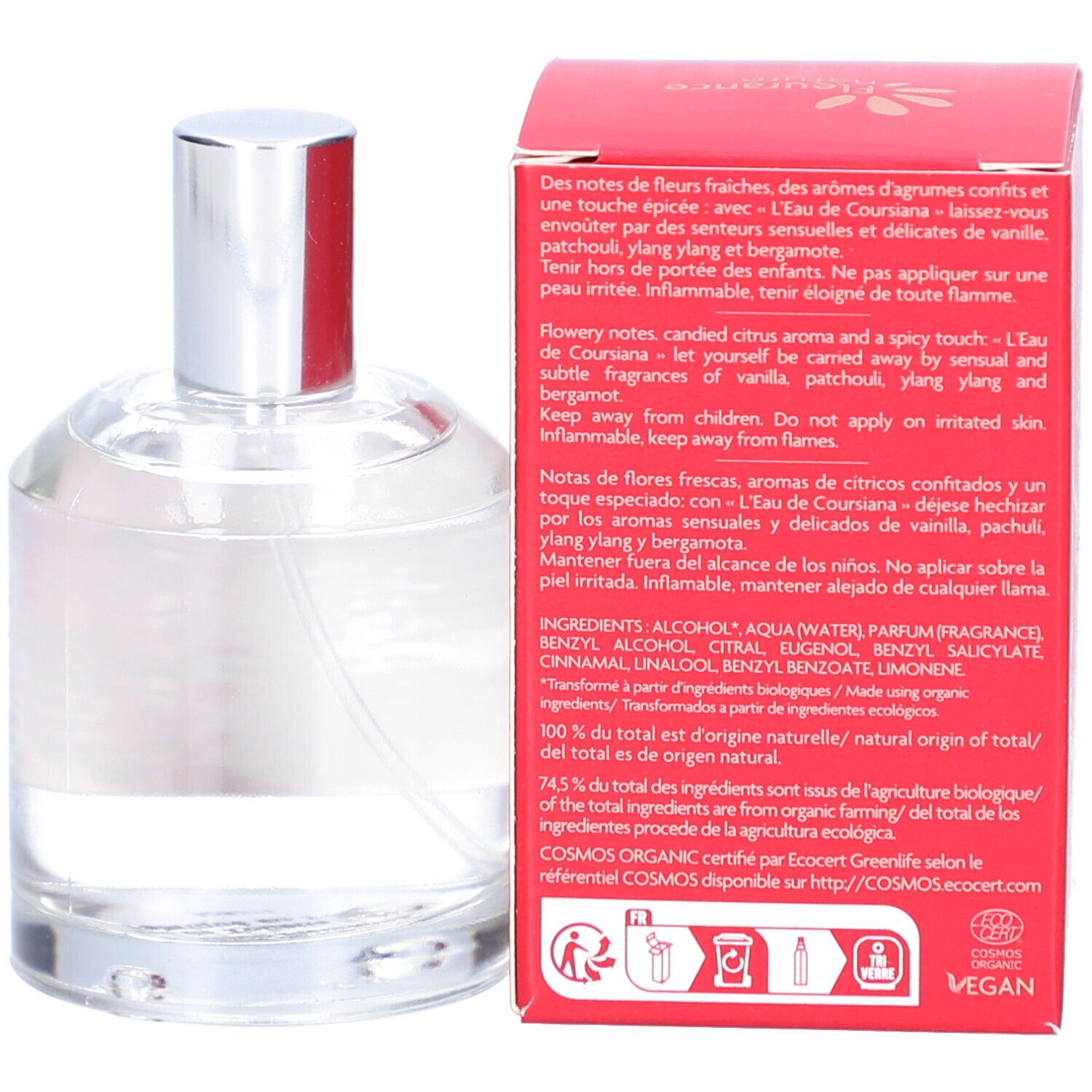 Flacon en verre et boîte rouge. Inscription : L'Eau de Coursiana. Ingrédients et certification bio.