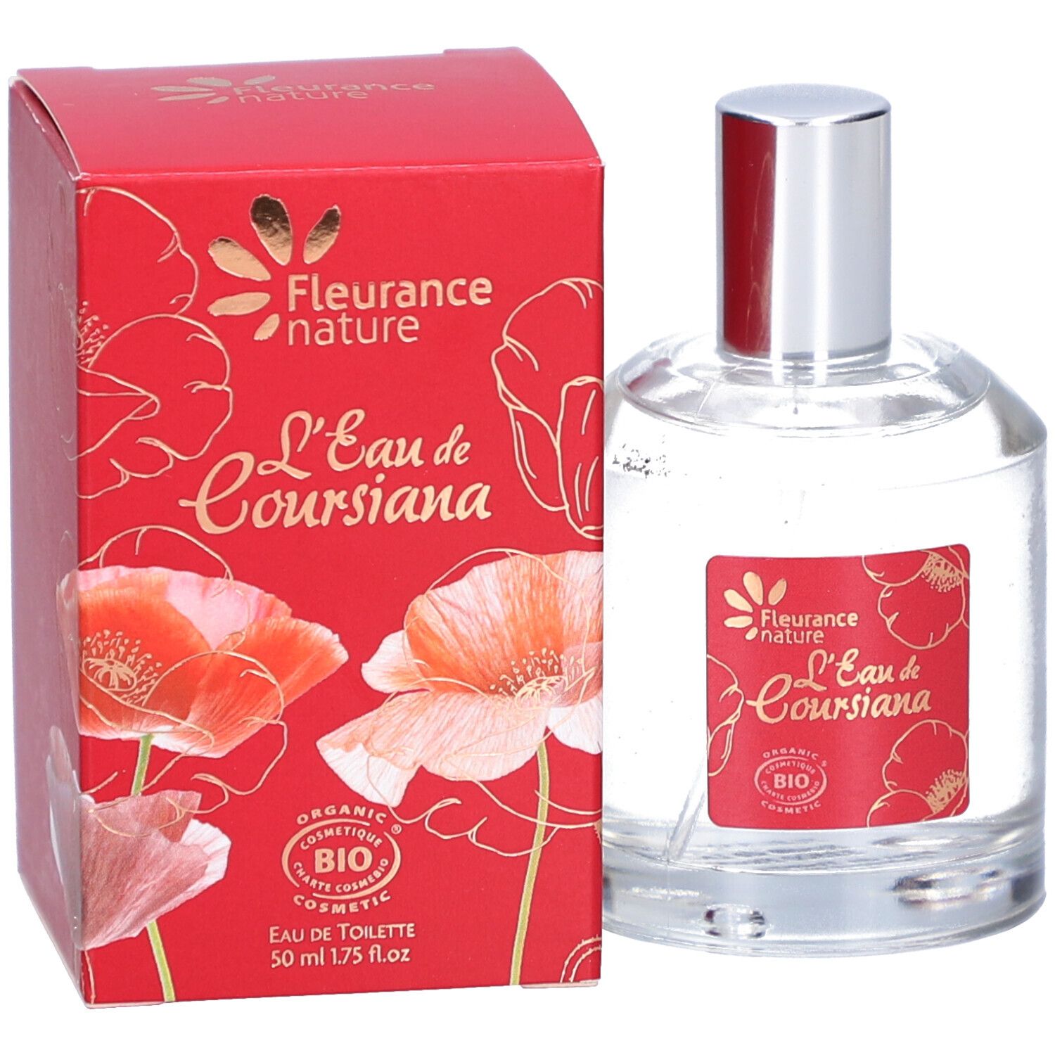 Flacon en verre et boîte rouge. Inscription : L'Eau de Coursiana. Certification bio. Illustration de coquelicots.