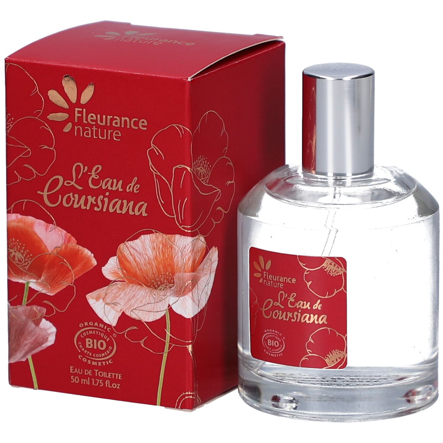 Flacon en verre et boîte rouge. Inscription : L'Eau de Coursiana. Certification bio. Illustration de coquelicots.