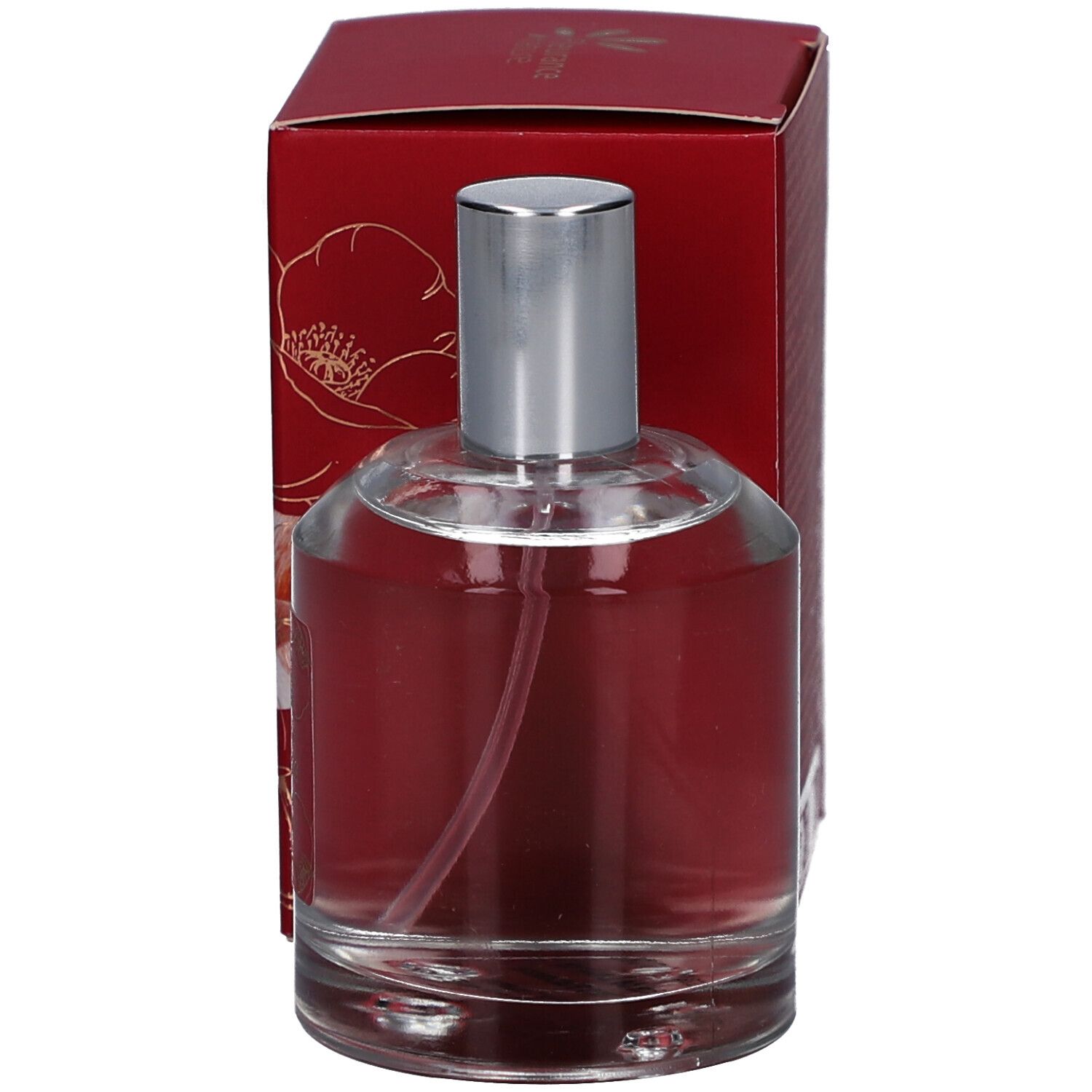 Flacon en verre avec liquide rouge. Inscription : L'Eau de Coursiana. Tête de pulvérisation argentée. Boîte rouge en arrière-plan.