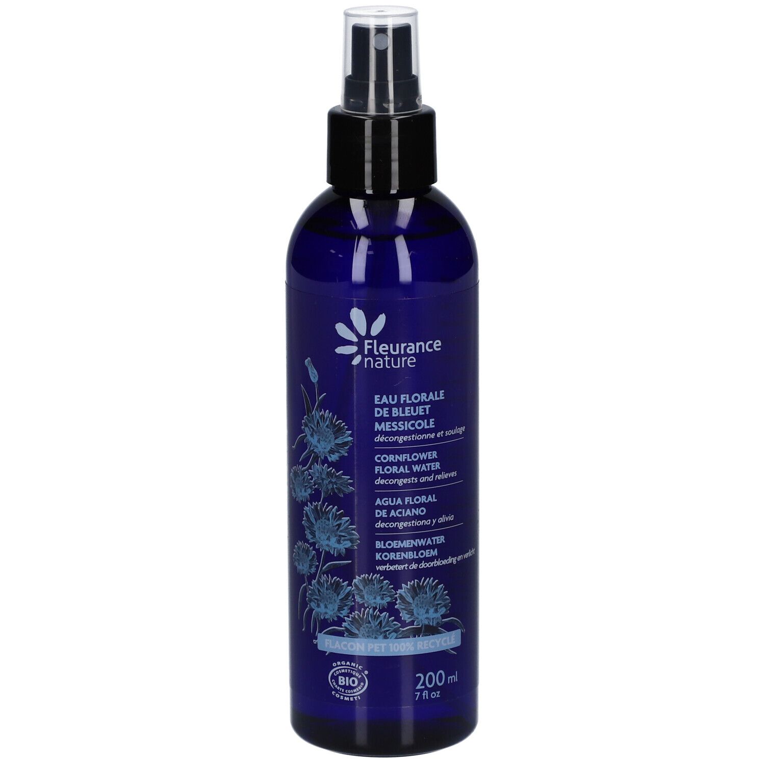Blaue Flasche mit Sprühkopf. Aufschrift: Eau Florale de Bleuet, Cornflower Floral Water. Bio-Zertifizierung.