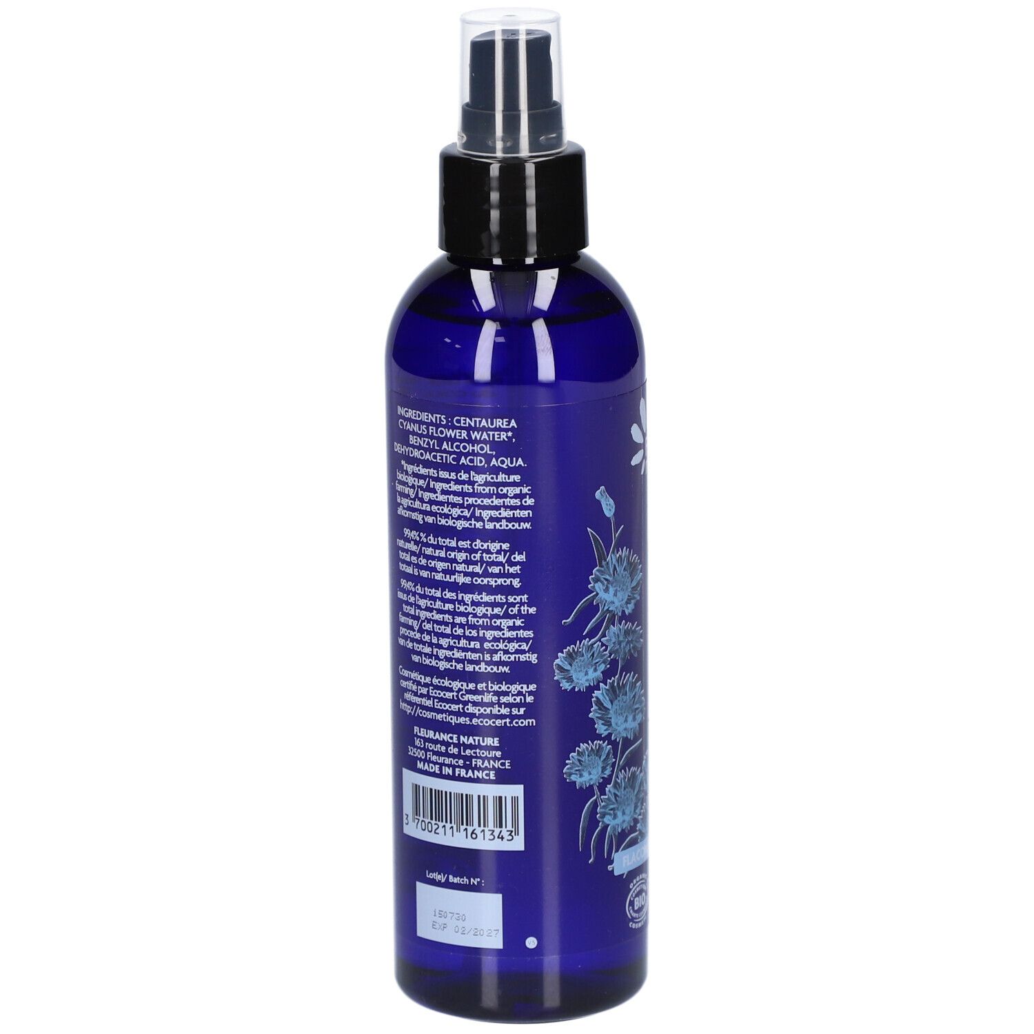Rückseite der blauen Flasche. Aufschrift: Inhaltsstoffe, Herstellerinformationen, Chargennummer, Hergestellt in Frankreich.