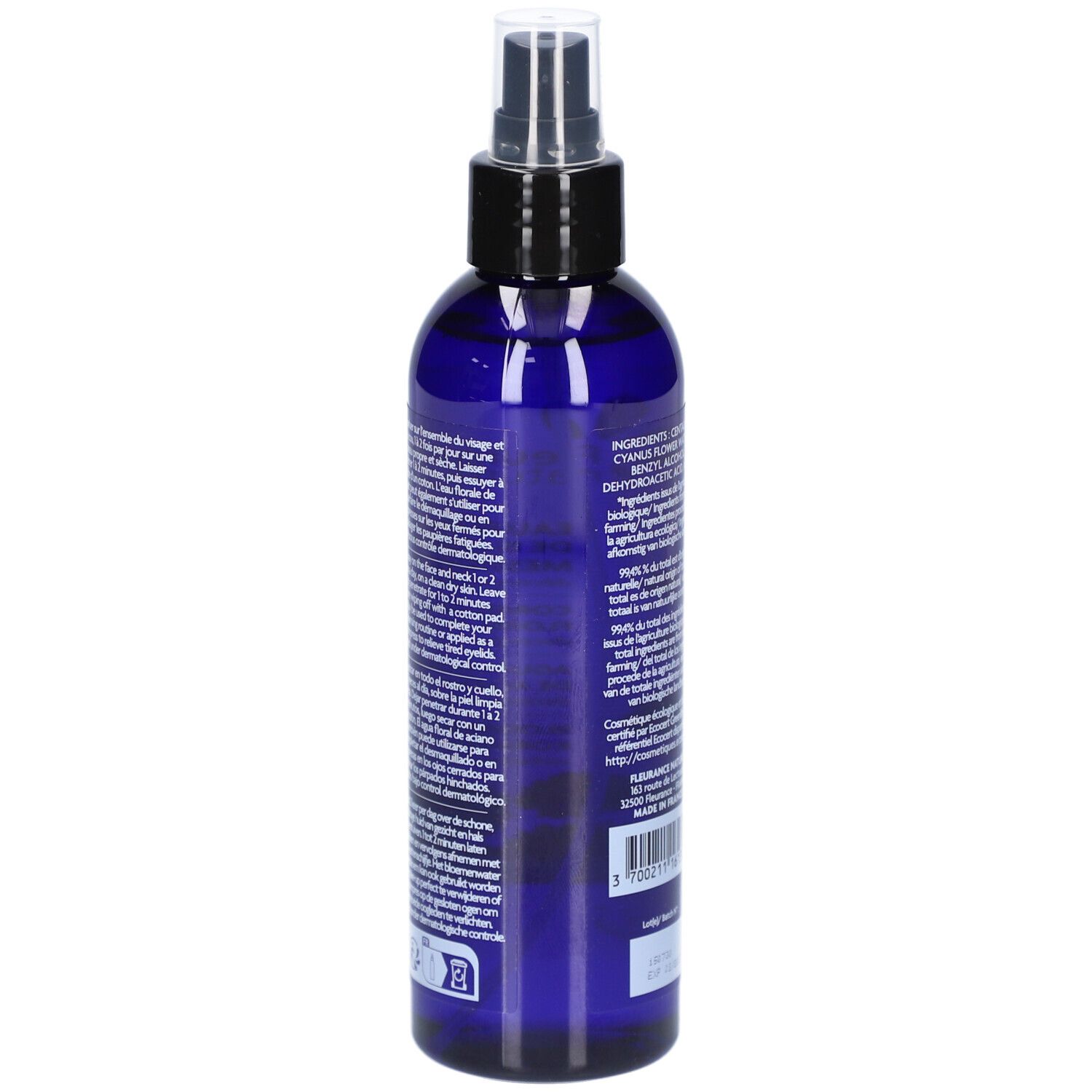 Rückseite der blauen Flasche. Text mit Anweisungen und Inhaltsstoffen. Bio-Zertifizierungssiegel.