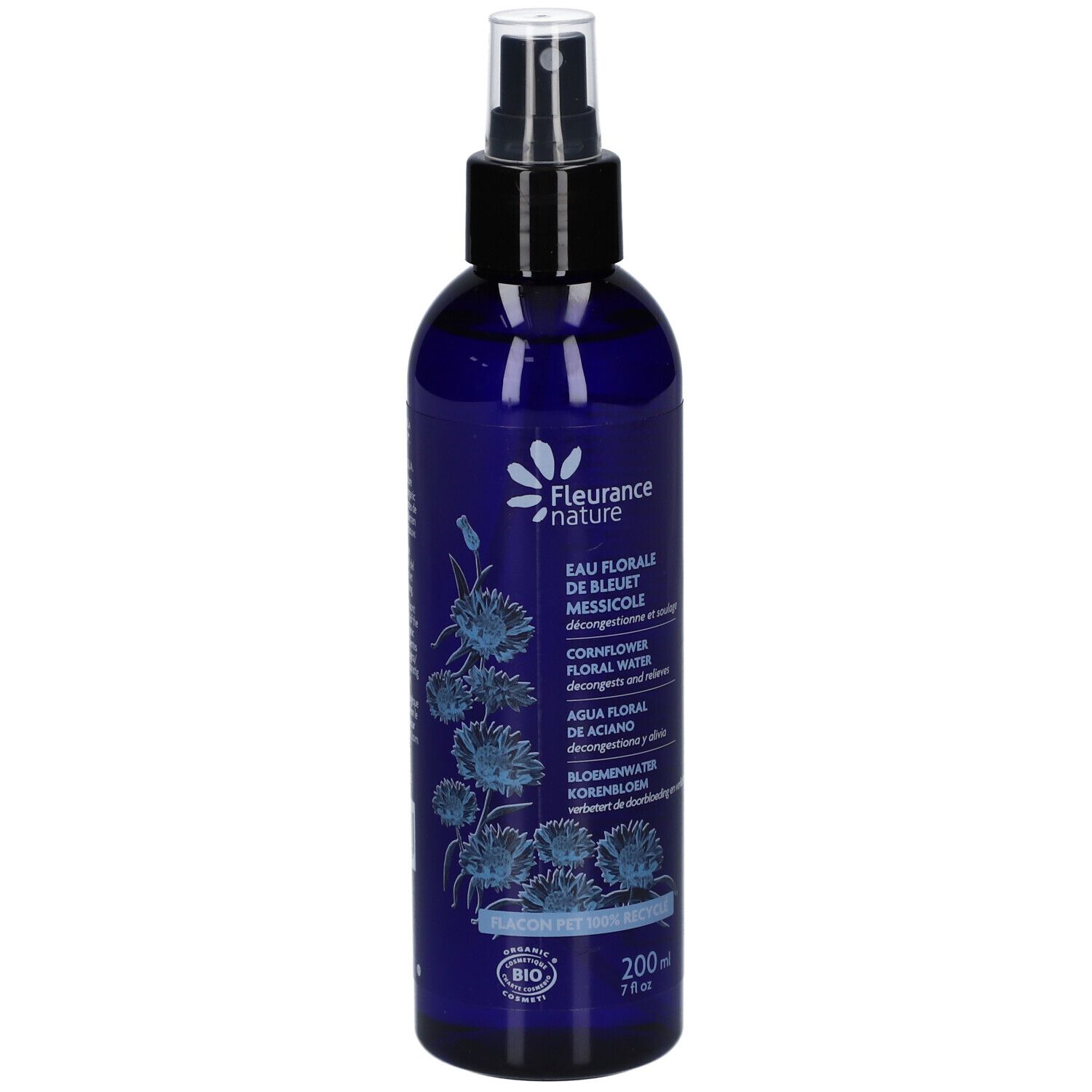 Blaue Flasche mit Sprühkopf. Aufschrift: Eau Florale de Bleuet, Cornflower Floral Water. Bio-Zertifizierung.