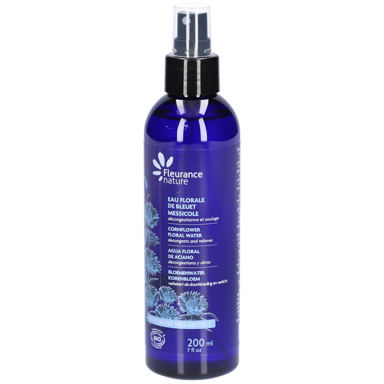 Blaue Flasche mit Sprühkopf. Aufschrift: Eau Florale de Bleuet, Cornflower Floral Water. Bio-Zertifizierung.