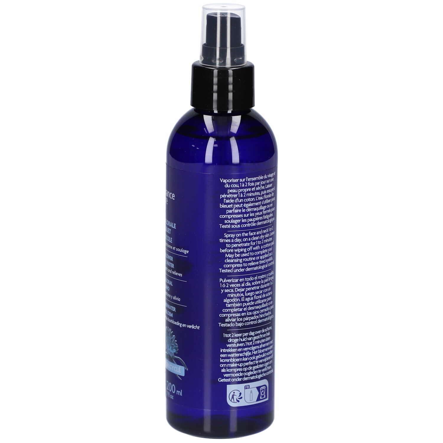 Rückseite der blauen Flasche. Text mit Anweisungen und Inhaltsstoffen. Bio-Zertifizierungssiegel.