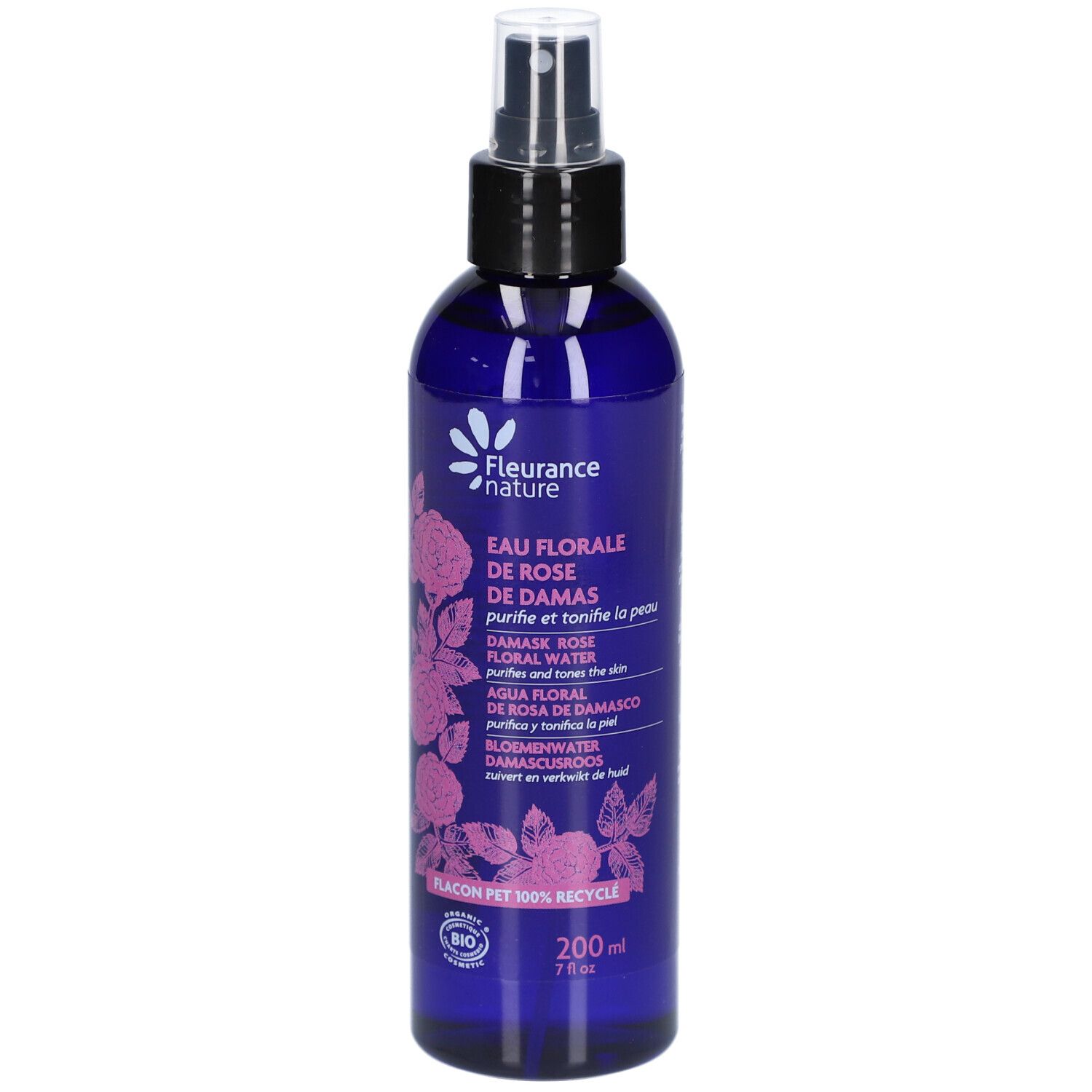 Blaue Flasche mit Sprühkopf. Aufschrift: EAU FLORALE DE ROSE. Logo: Fleurance nature. 200ml.