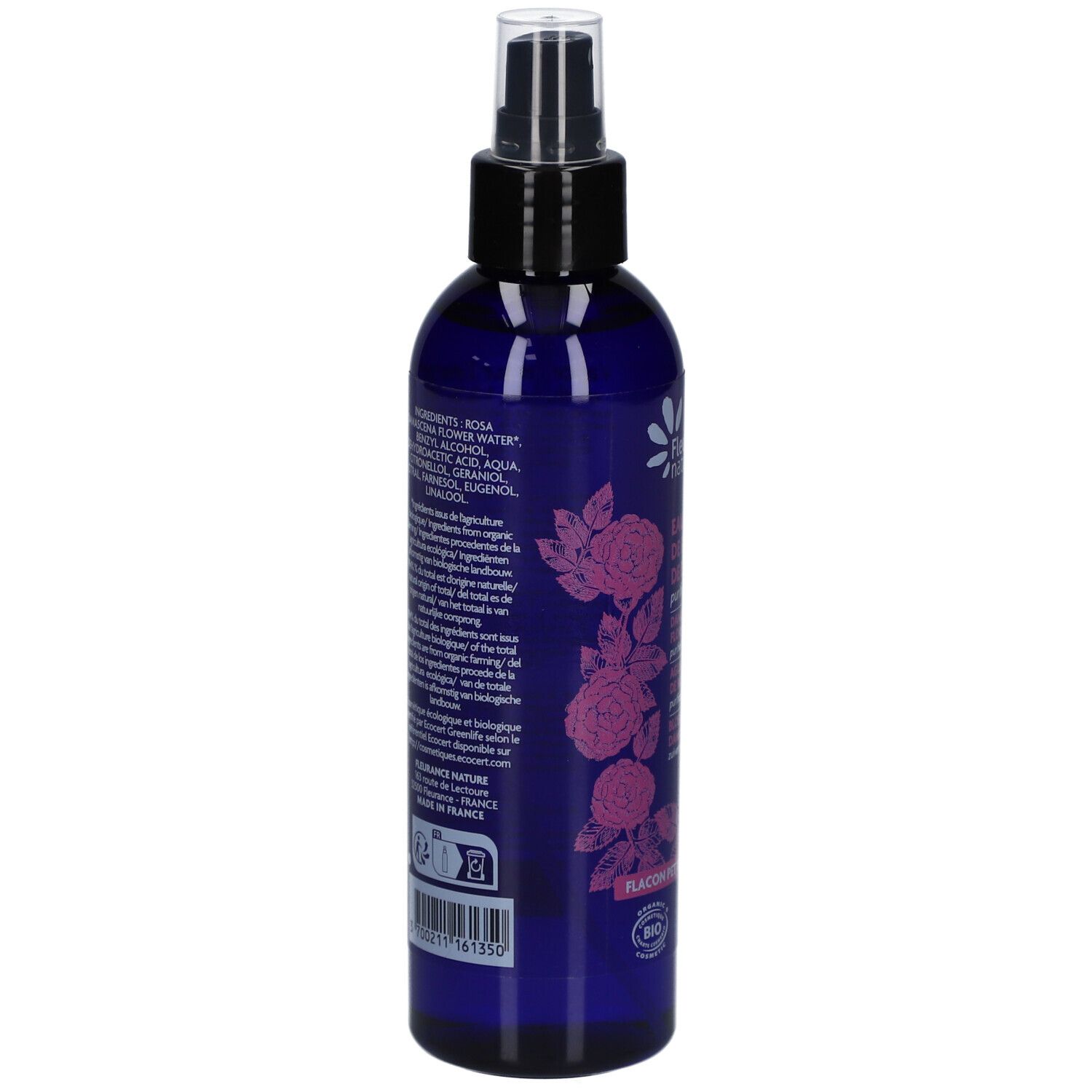 Rückseite der blauen Flasche. Aufschrift: Inhaltsstoffe, Fleurance nature, hergestellt in Frankreich. Barcode.