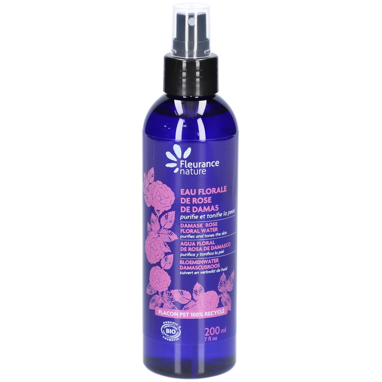 Blaue Flasche mit Sprühkopf. Aufschrift: EAU FLORALE DE ROSE. Logo: Fleurance nature. 200ml.