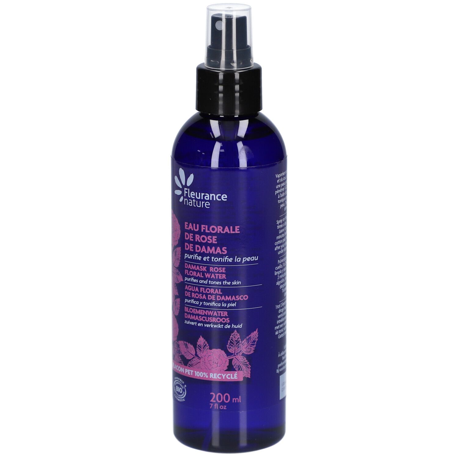 Blaue Flasche mit Sprühkopf. Aufschrift: EAU FLORALE DE ROSE. Logo: Fleurance nature. 200ml.