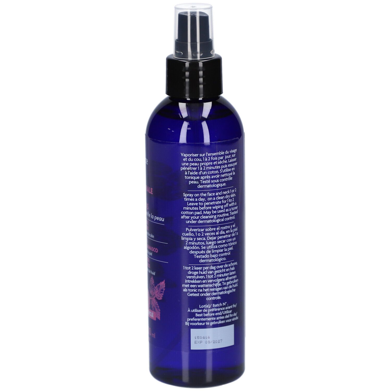 Rückseite der blauen Flasche. Aufschrift: Anwendungshinweise, Fleurance nature, Chargennummer, Ablaufdatum.