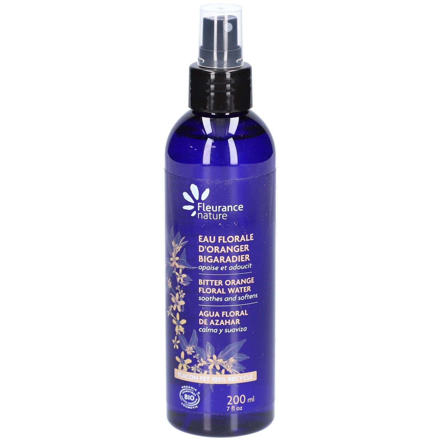 Flacon pulvérisateur bleu avec bouchon noir. Inscription: FLEURANCE nature, EAU FLORALE D'ORANGER, 200ml.
