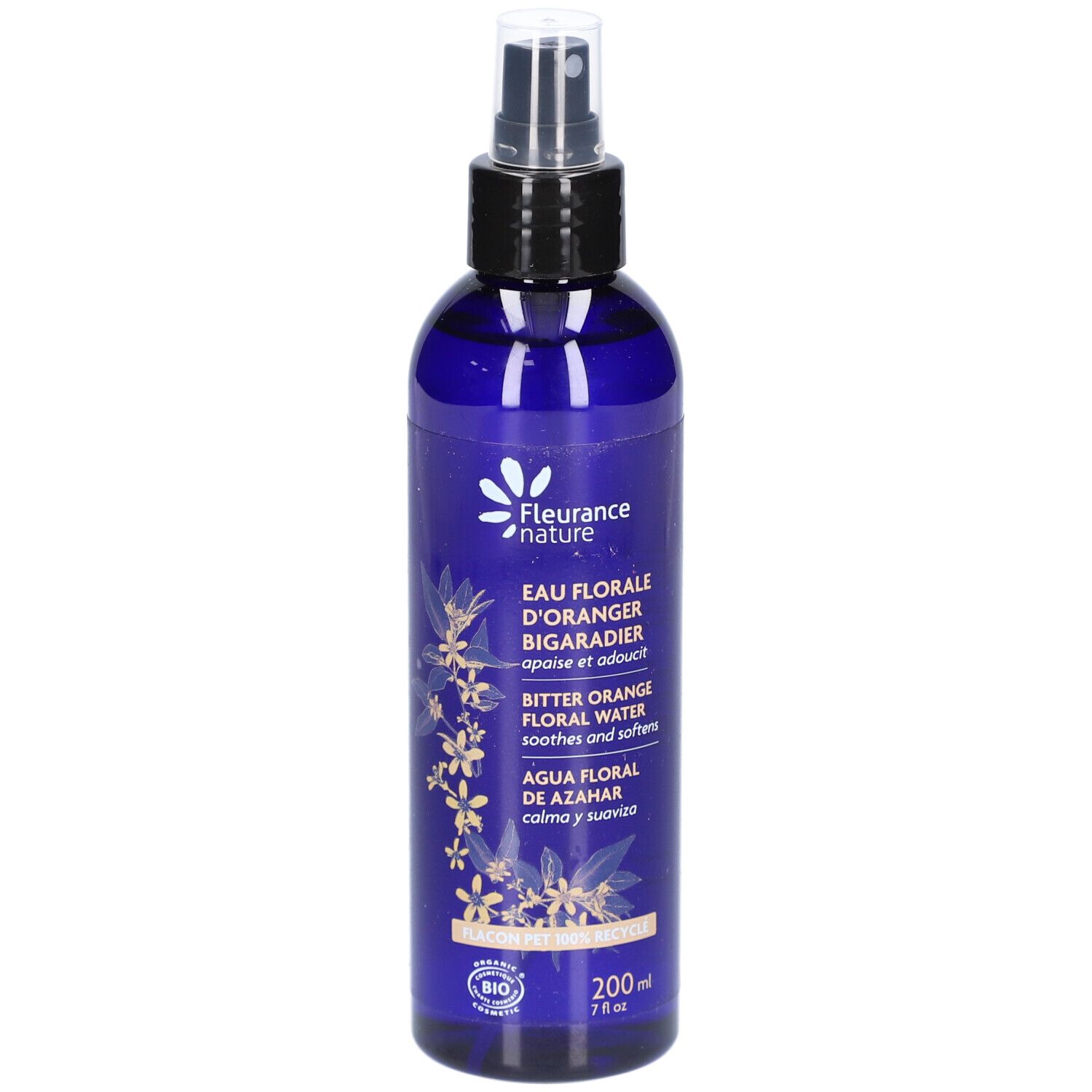 Flacon pulvérisateur bleu avec bouchon noir. Inscription: FLEURANCE nature, EAU FLORALE D'ORANGER, 200ml.