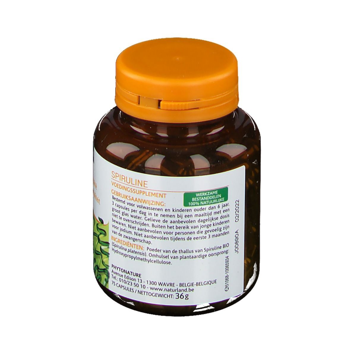 Dos du flacon brun avec bouchon orange. Étiquette avec informations produit, ingrédients et date de péremption.