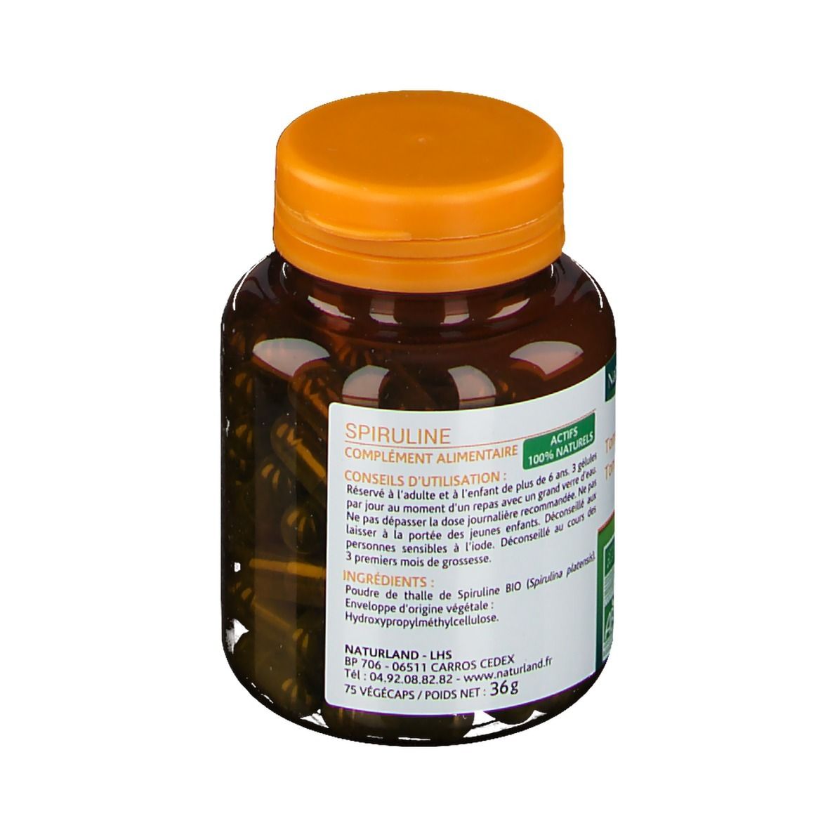 Vue arrière d'un flacon brun avec bouchon orange. Étiquette avec informations produit et ingrédients.