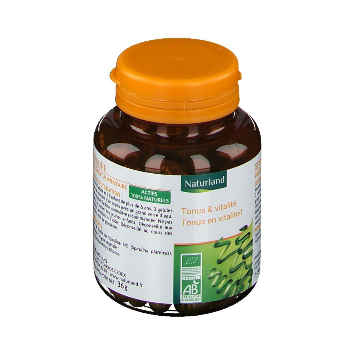 Flacon brun avec bouchon orange. Étiquette avec nom du produit, certification AB Bio et vagues vertes.