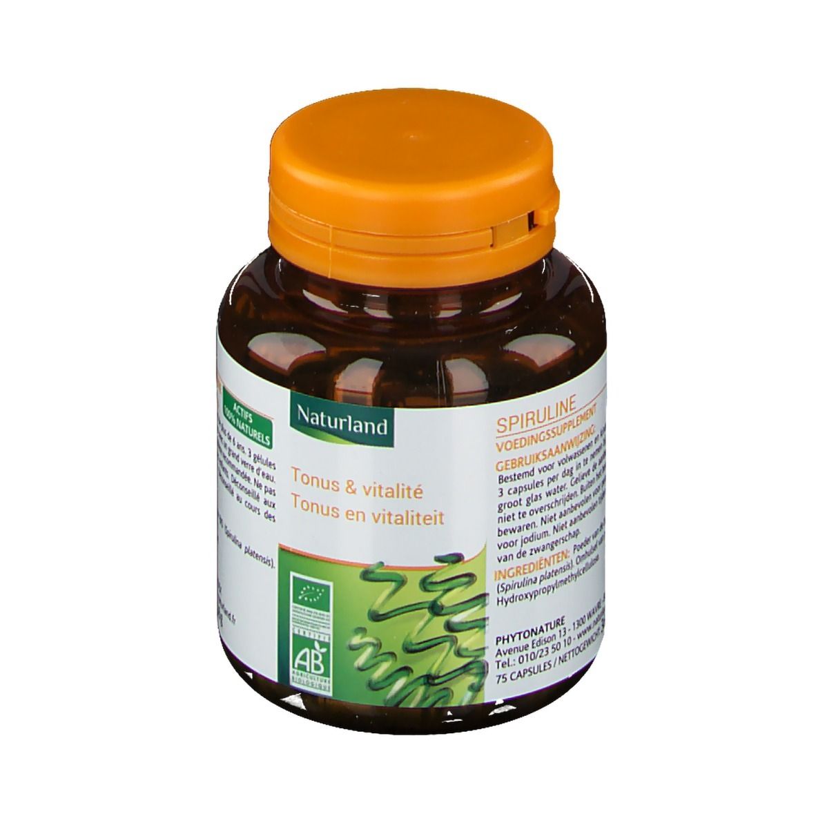 Flacon brun avec bouchon orange. Étiquette avec nom du produit, certification AB Bio et vagues vertes.