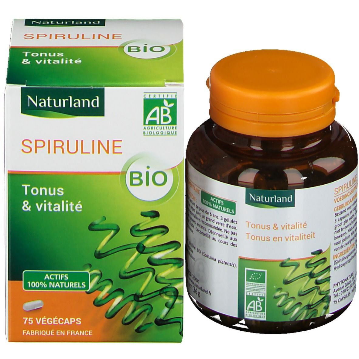 Emballage du produit avec flacon et boîte. Flacon avec bouchon orange et boîte avec nom du produit et certification Bio.