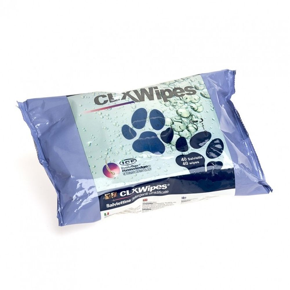 Verpackung mit CLX Wipes. Blaue Folie mit Pfoten-Motiv. 40 Tücher. Aufdruck: CLX Wipes, Salviettine umidificate.