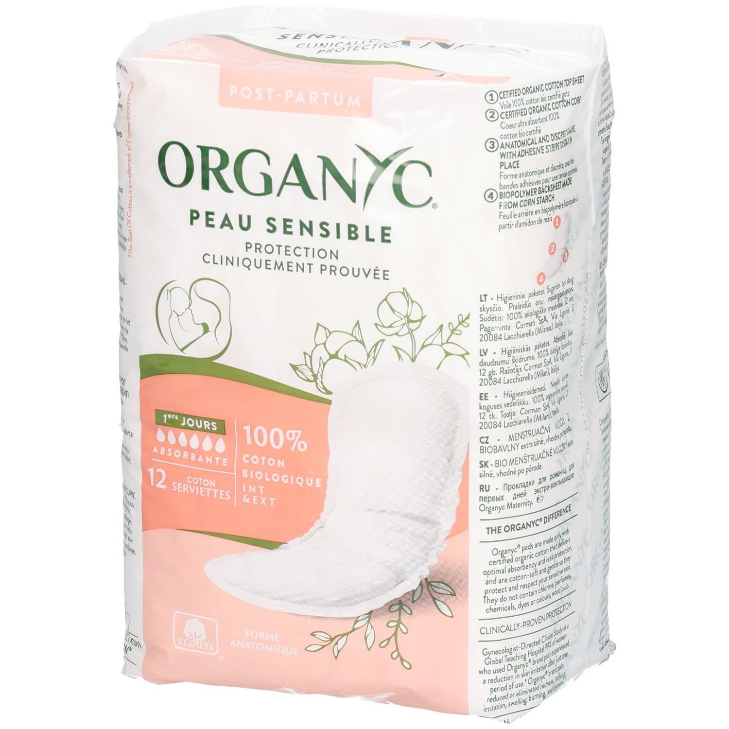 Organyc Post-Partum Einlagen, 12 Stück. 100% Bio-Baumwolle, anatomisch geformt.