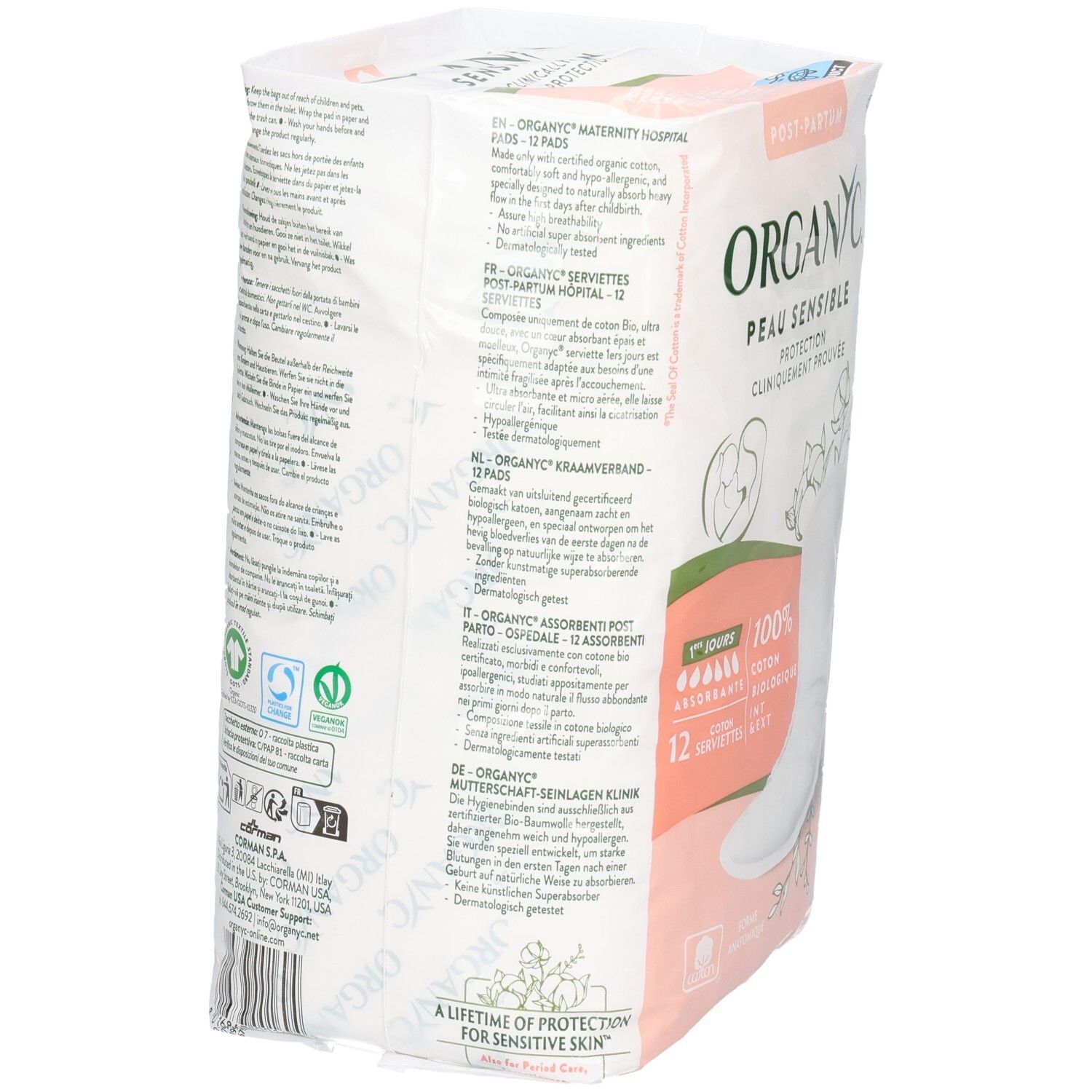 Organyc Post-Partum Einlagen, 12 Stück. Rückseite mit Produktinformationen und Zertifizierungen.