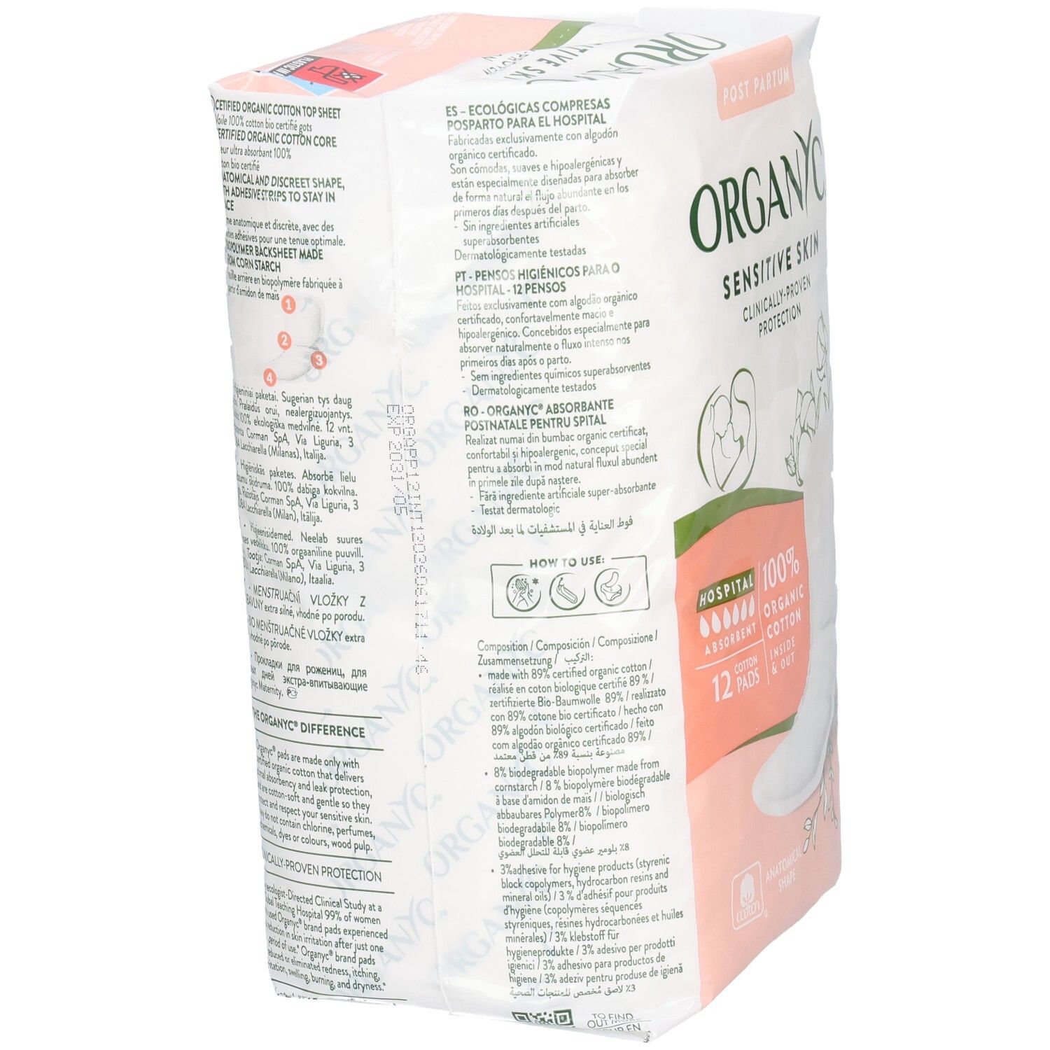 Organyc Einlagen, 12 Stück. Verpackung mit mehrsprachigen Produktinformationen und Siegeln.