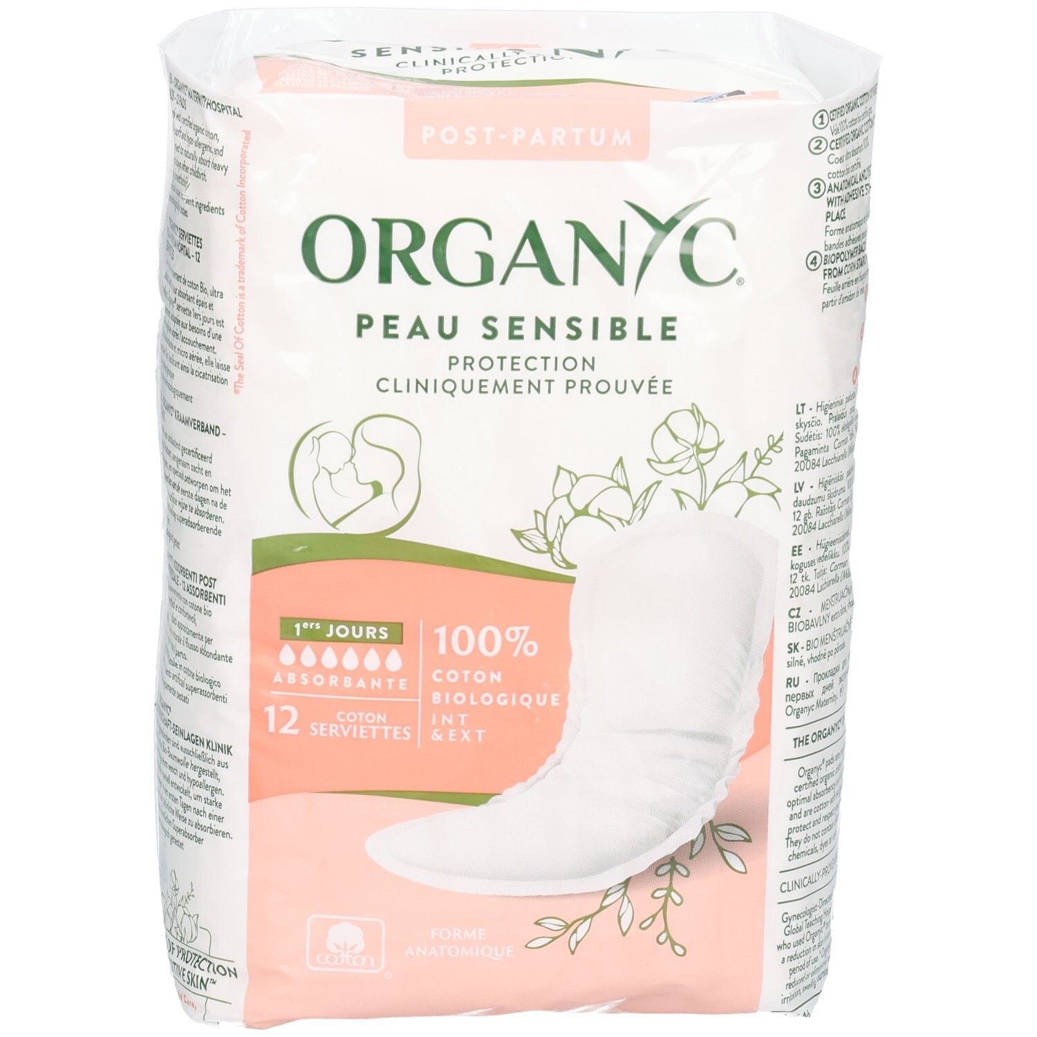 Organyc Post-Partum Einlagen, 12 Stück. 100% Bio-Baumwolle, anatomisch geformt, für sensible Haut.