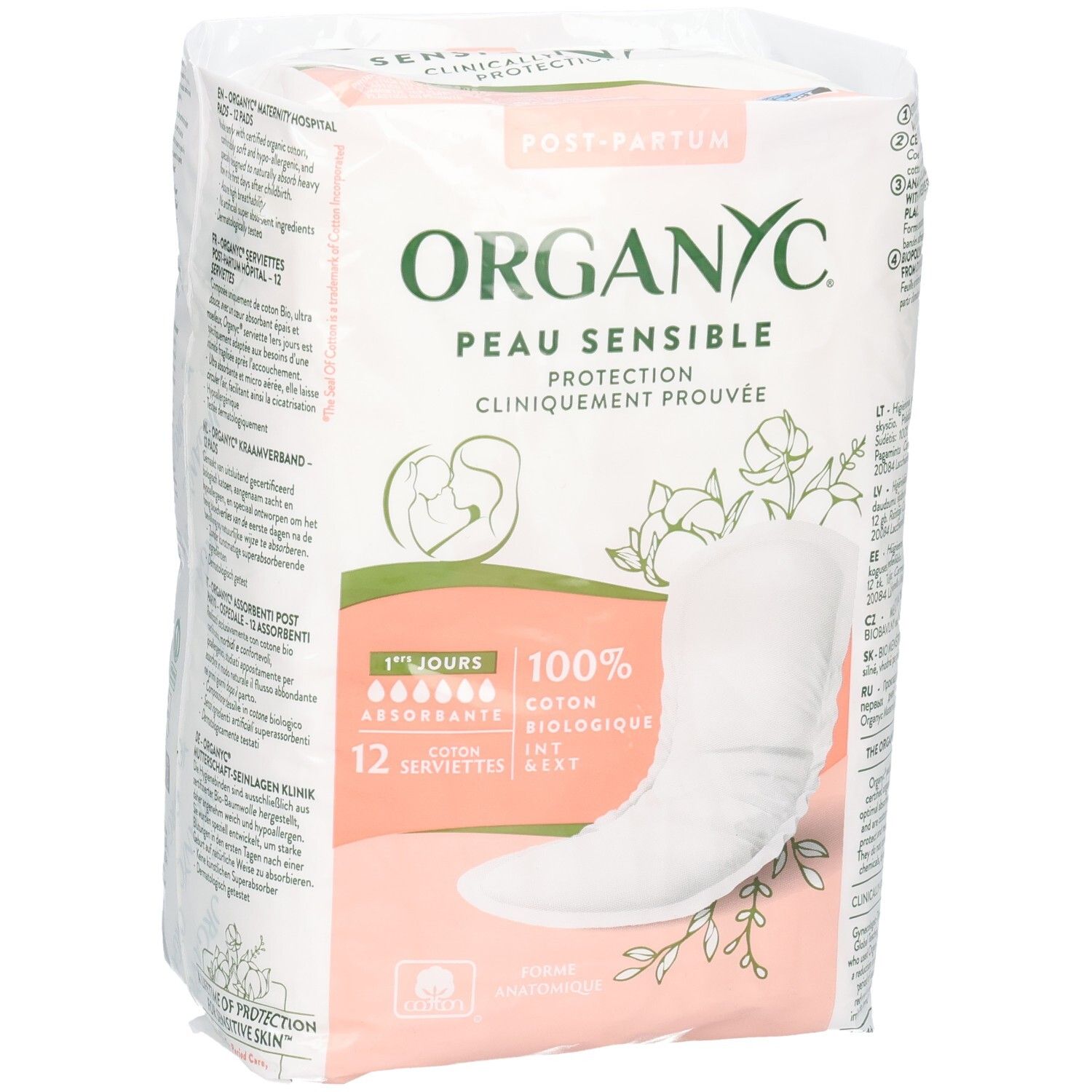 Organyc Einlagen, 12 Stück. Verpackung mit Logo, Produktabbildung und Hinweisen.