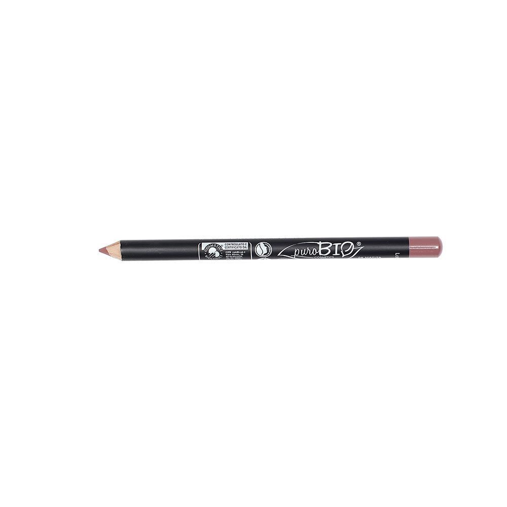 Crayon à lèvres Rose Mauve. Crayon brun foncé avec extrémité rose. Marque et certifications visibles.