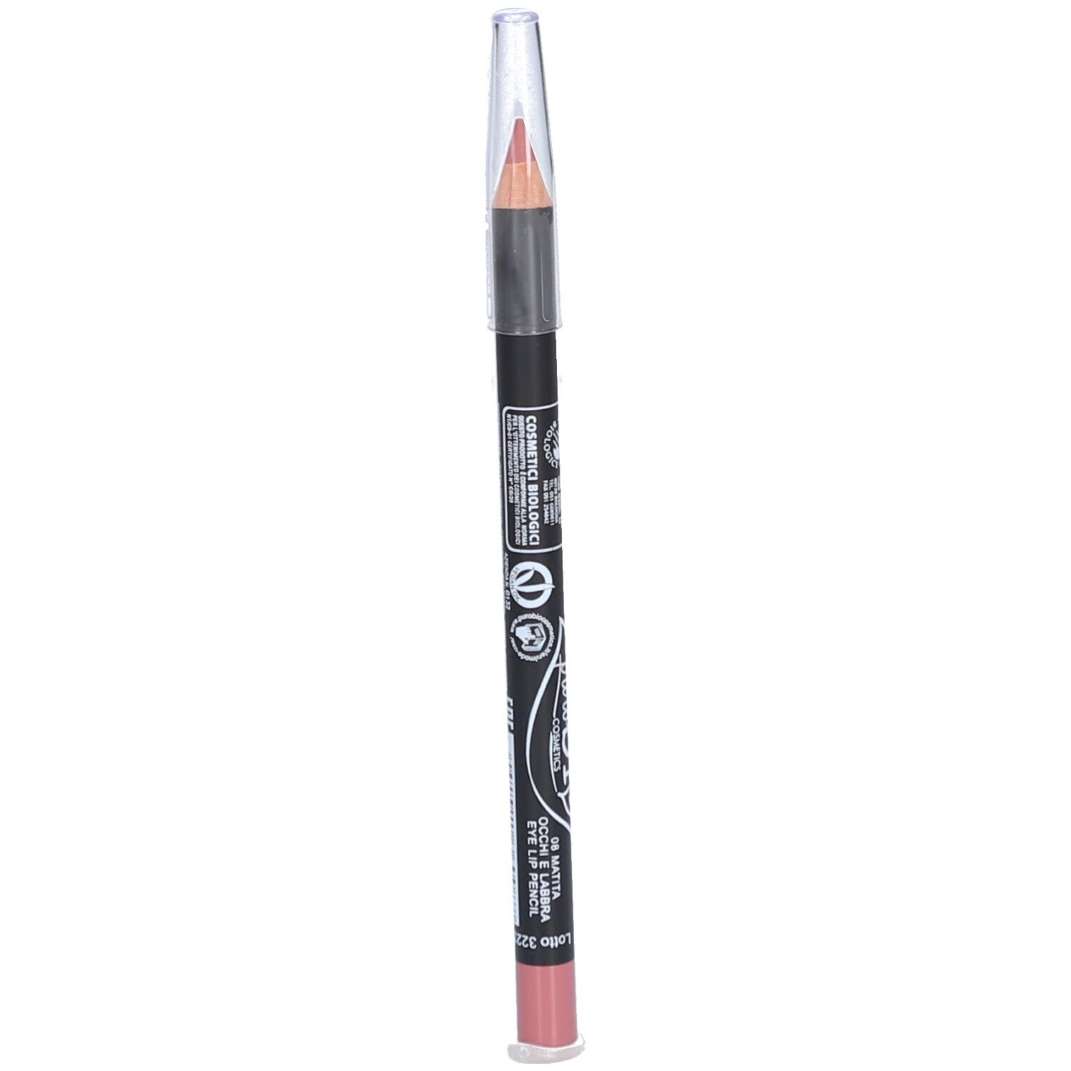 Crayon à lèvres double face, Rose Mauve. Crayon noir avec extrémité rose et capuchon. Marque visible.