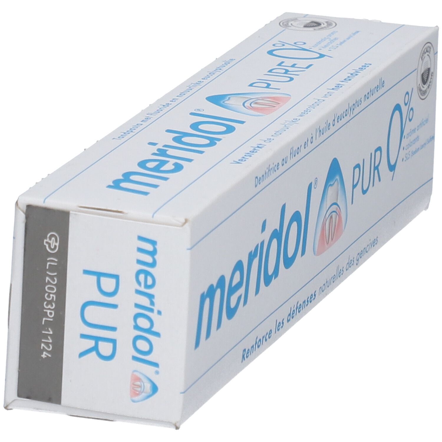 Emballage de dentifrice meridol® PUR en biais. Boîte blanche avec texte et logo bleus. Inscriptions en français.