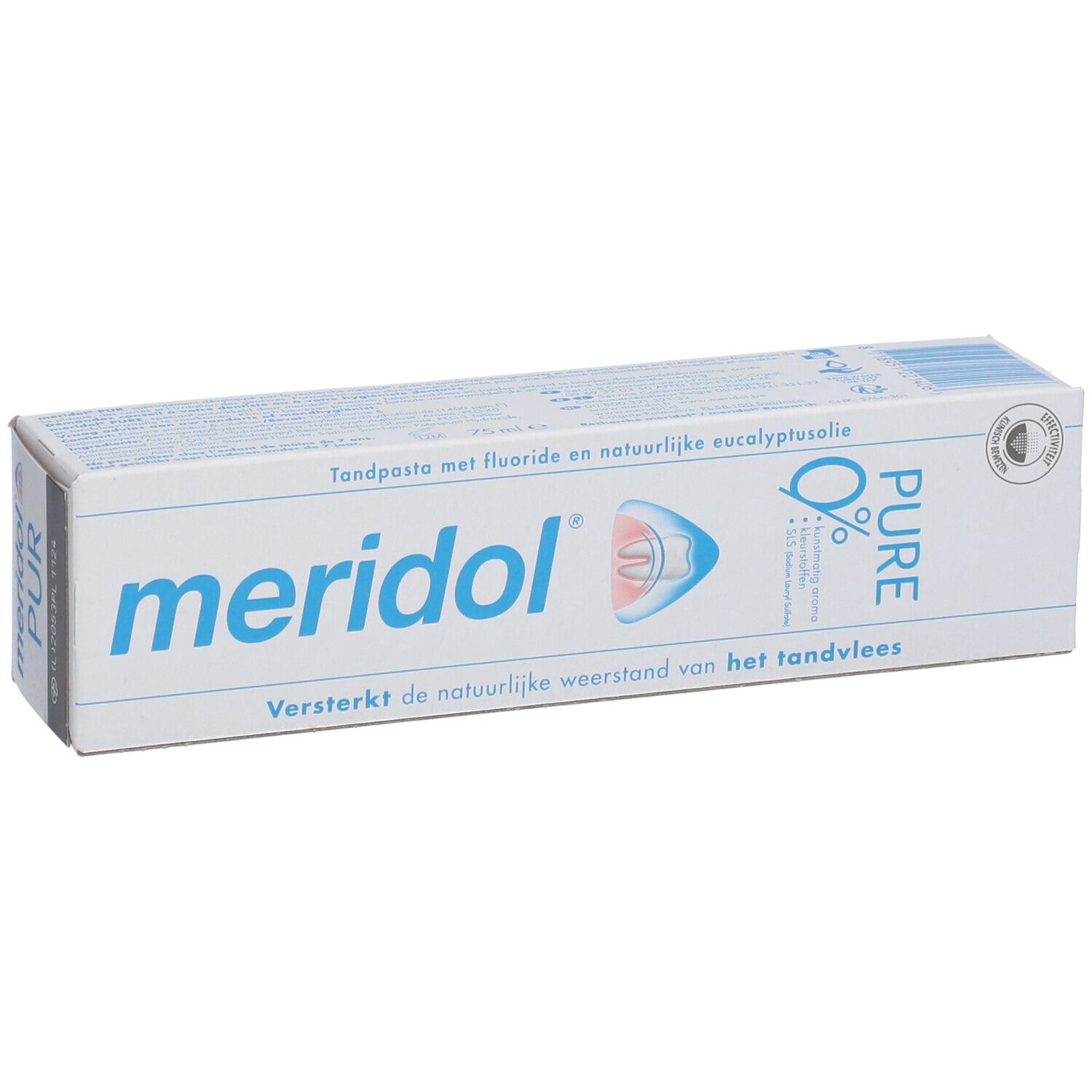 Emballage de dentifrice meridol® PUR. Boîte blanche avec texte et logo bleus. Inscriptions en néerlandais.