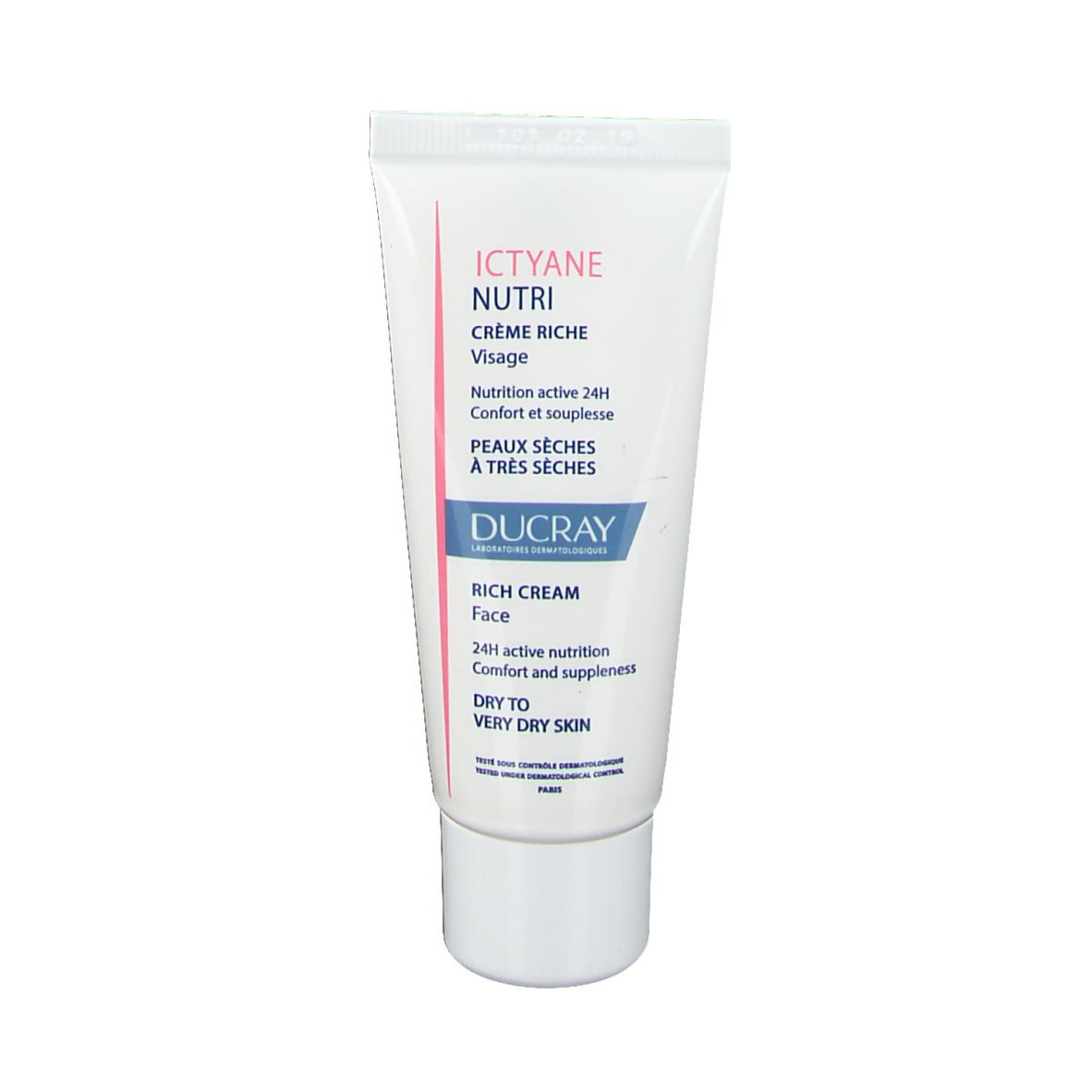 Weiße Tube mit rosa und blauer Beschriftung. Enthält Ducray ICTYANE NUTRI Rich Face Cream. Für trockene bis sehr trockene Haut.