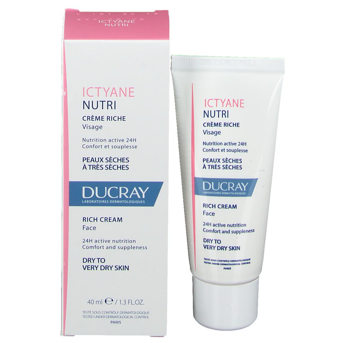 Produktverpackung mit Tube und Schachtel. Enthält Ducray ICTYANE NUTRI Rich Face Cream. Für trockene bis sehr trockene Haut.