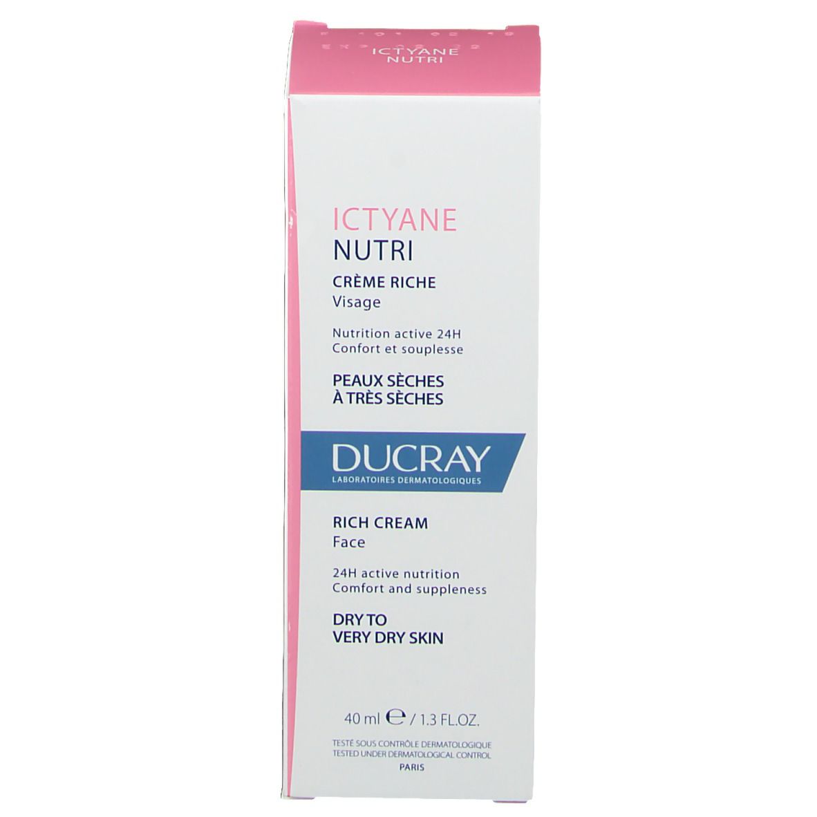 Rosa und weiße Schachtel mit Ducray ICTYANE NUTRI Rich Face Cream. Für trockene bis sehr trockene Haut. 40 ml.