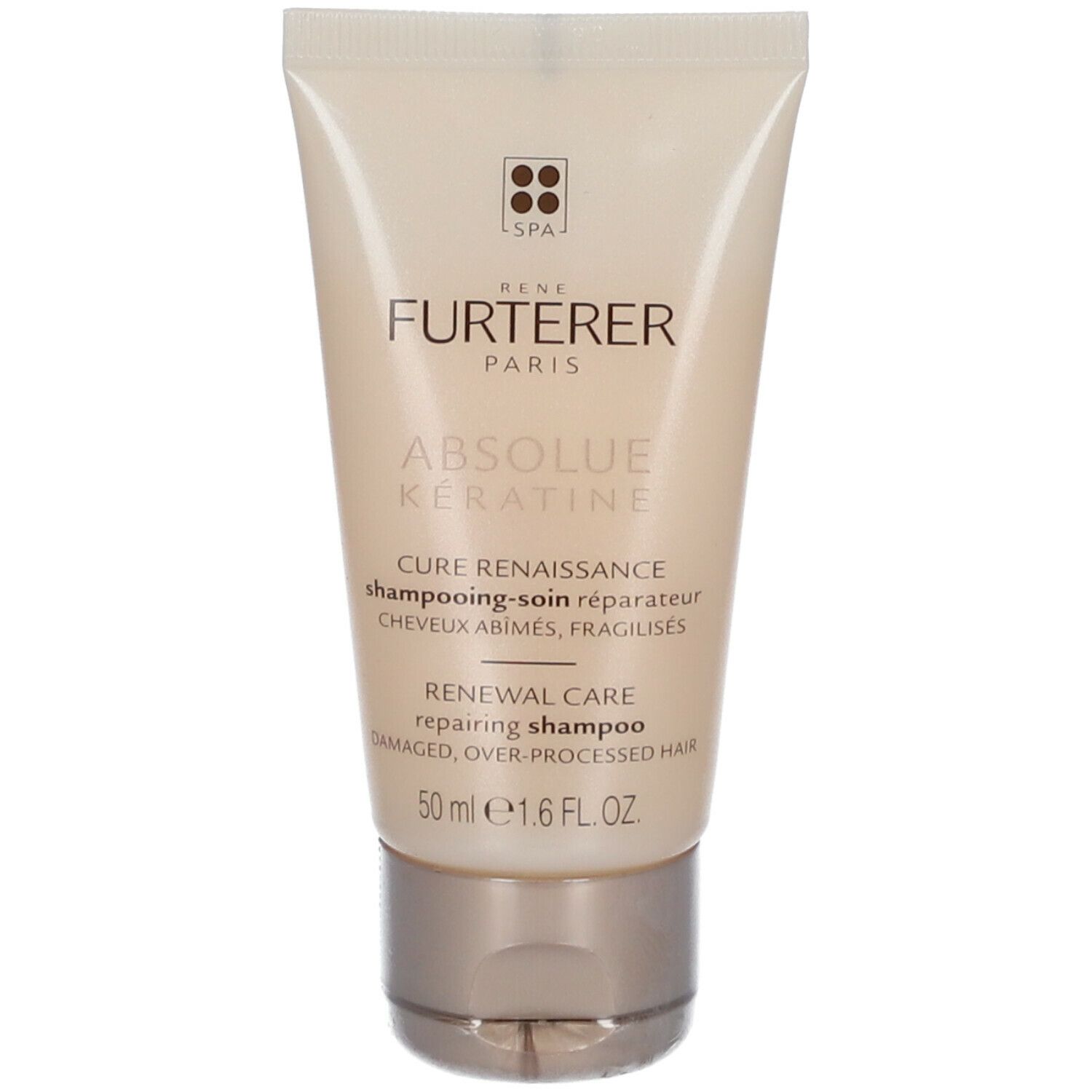 Tube beige. Inscription: RENE FURTERER, ABSOLUE KERATINE, shampooing réparateur. 50 ml. Bouchon doré.