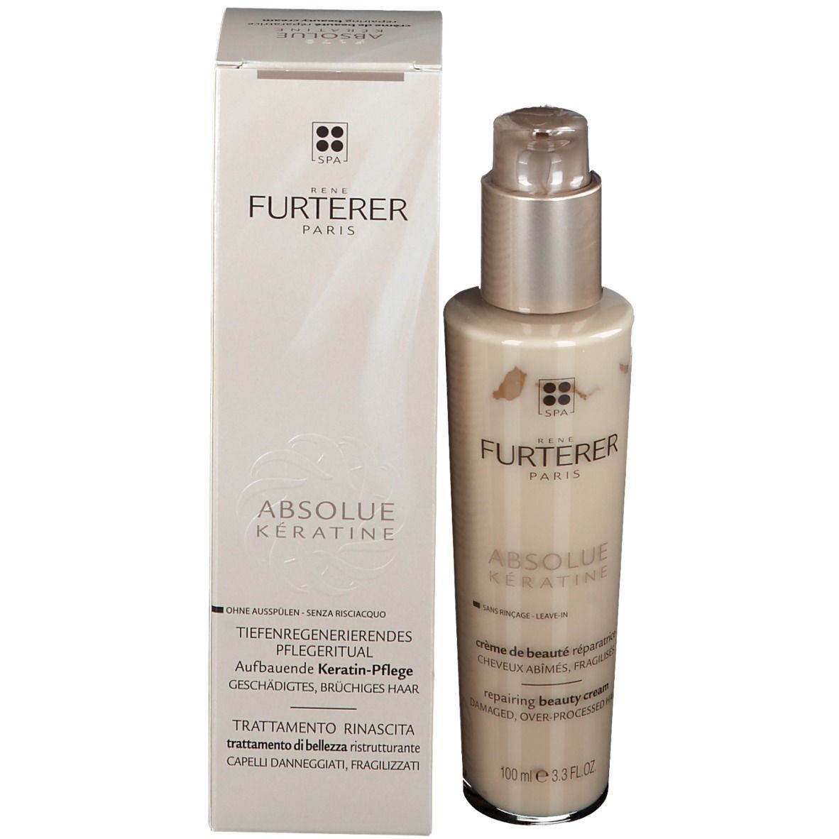 Flacon et boîte du produit. Inscription: ABSOLUE KERATINE, Crème de beauté réparatrice.