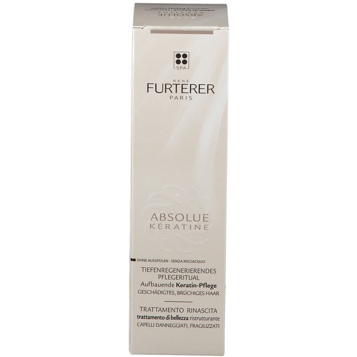 Boîte haute et rectangulaire. Inscription: ABSOLUE KERATINE, Rituel de soin régénérant profond.