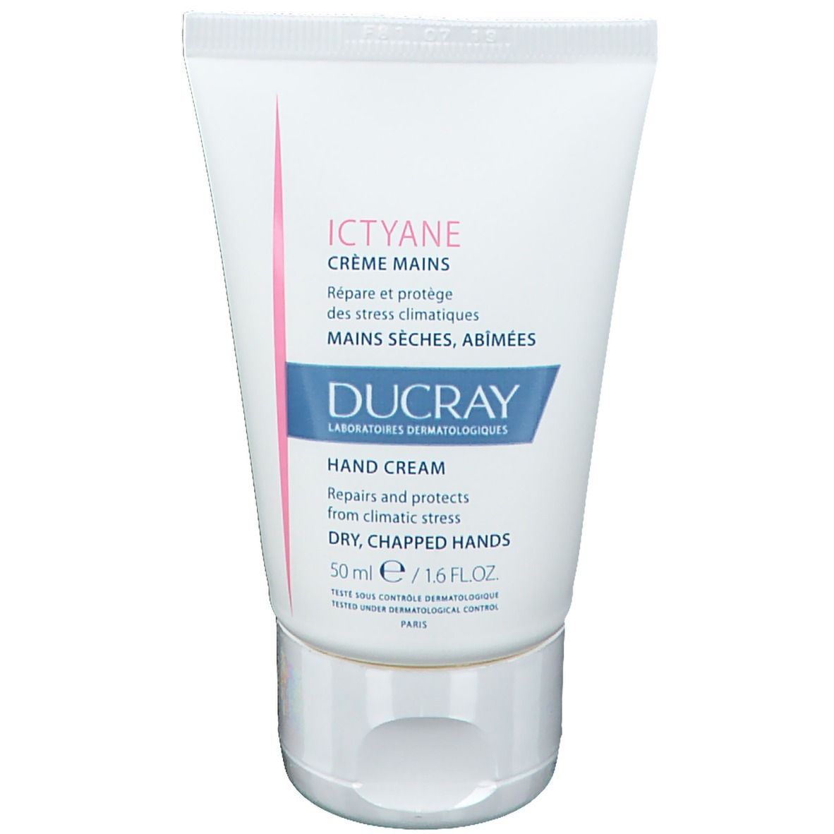 Tube blanc avec accents roses. Inscription: ICTYANE Crème Mains, DUCRAY, Hand Cream. Pour mains sèches, abîmées.